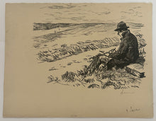 Charger l'image dans la galerie, L'artiste dessinant sur le motif, une pierre lithographique à ses côtés.