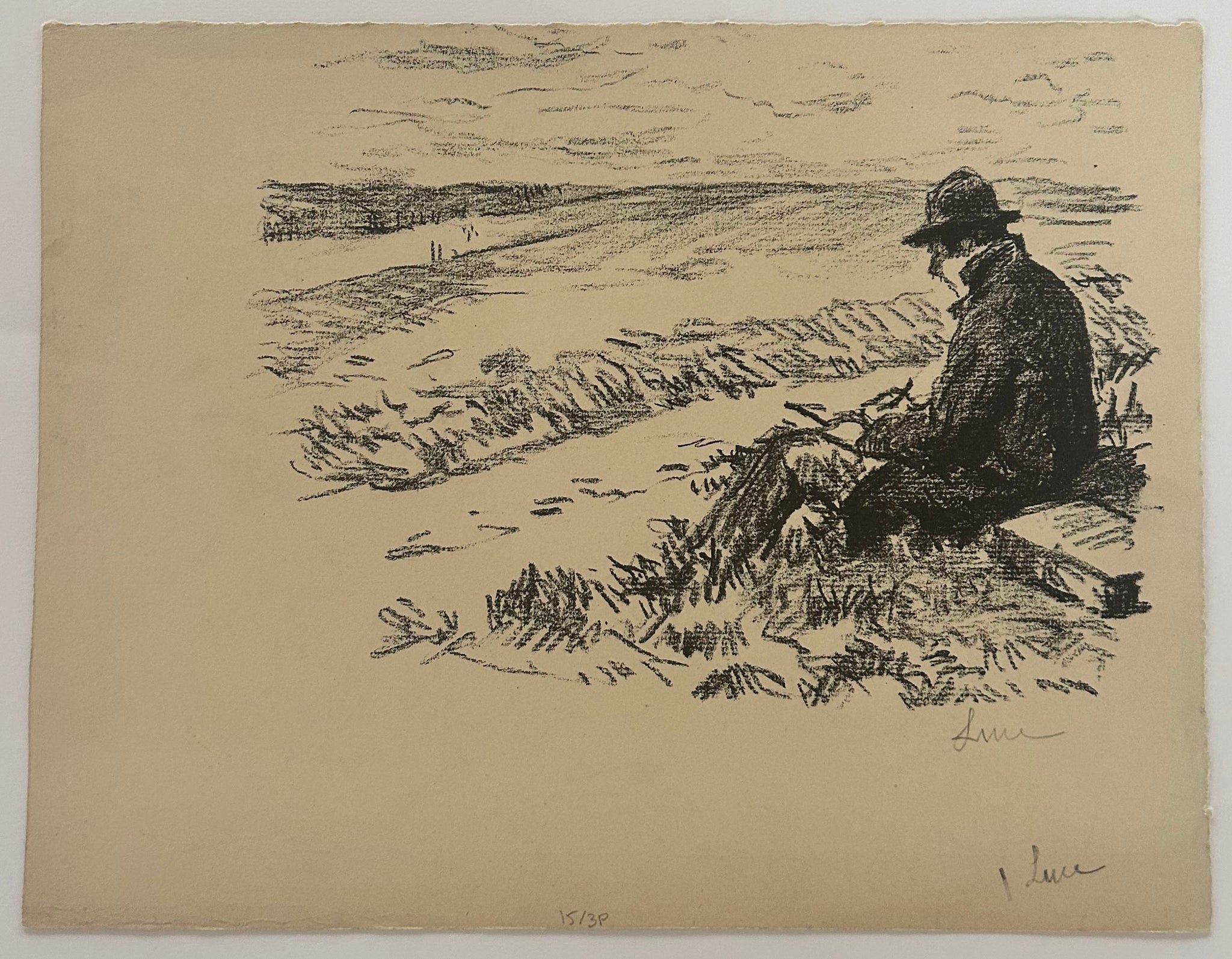 L'artiste dessinant sur le motif, une pierre lithographique à ses côtés.