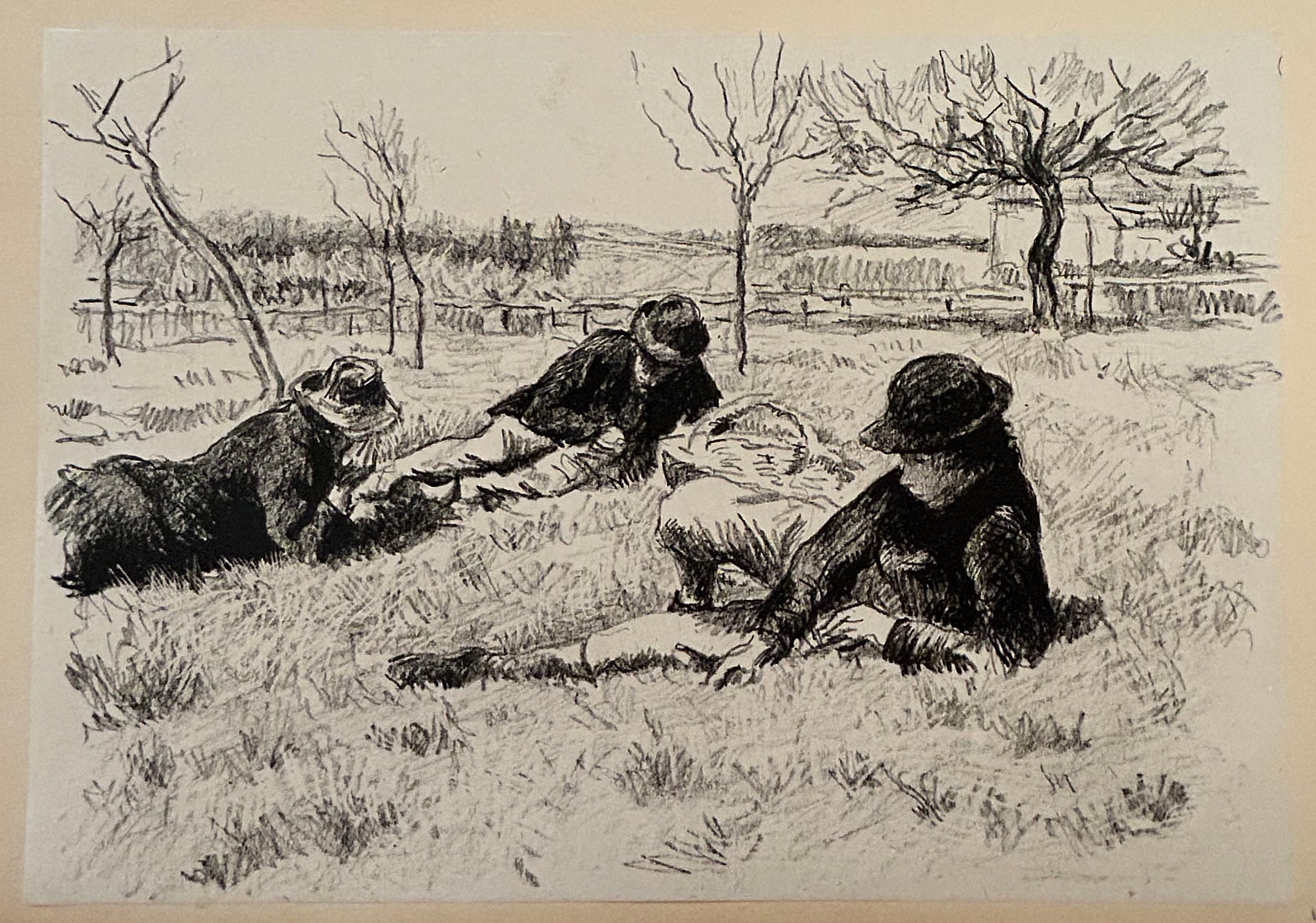 Partie de campagne (trois personnages au jardin, Éragny). c.1895.