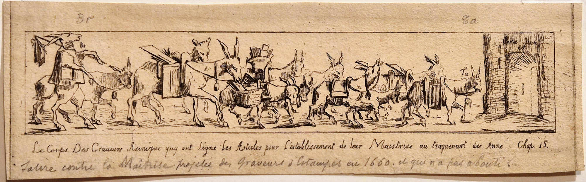 Le corps des graveurs Asniques qui ont signé les articles pour l'establissement de leurs Maîtrise au traquenart fes annes. 1859. Eau-forte.