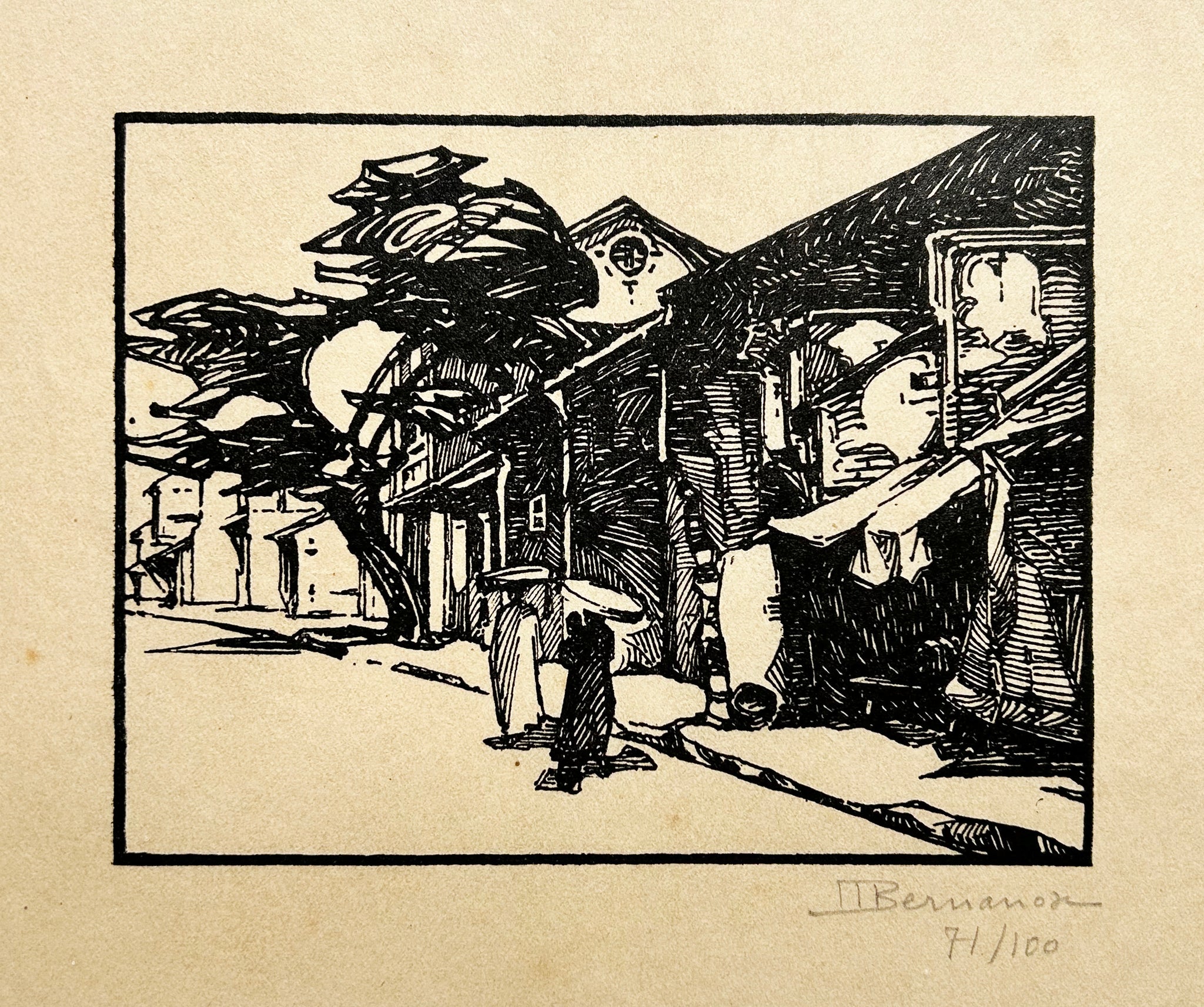 Marcel BERNANOSE HanoÏ Scène de rue. Bois gravé.