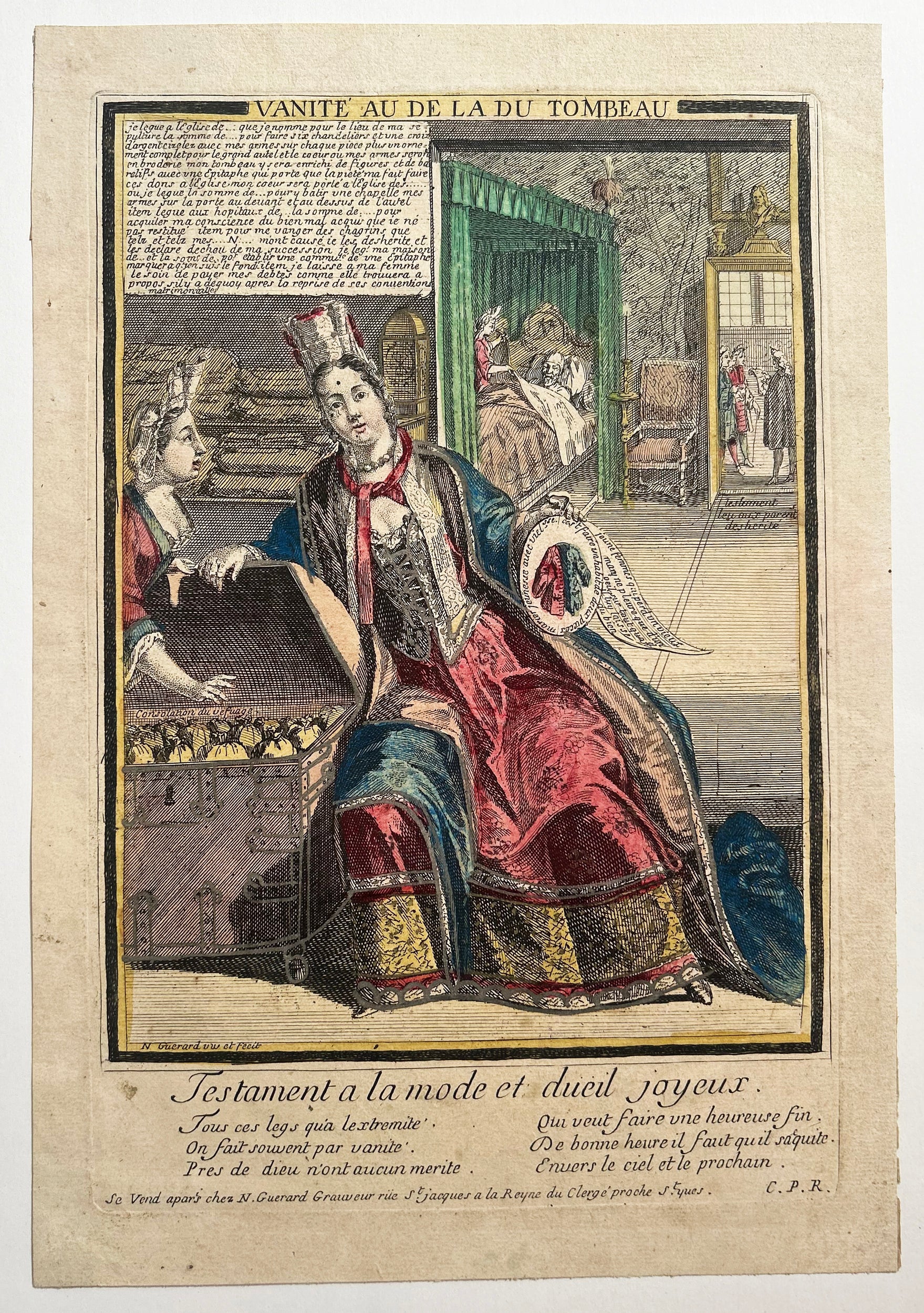 Nicolas GUERARD - Vanité au-delà du tombeau. Testament à la mode et deuil joyeux. Eau-forte et burin en coloris ancien.
