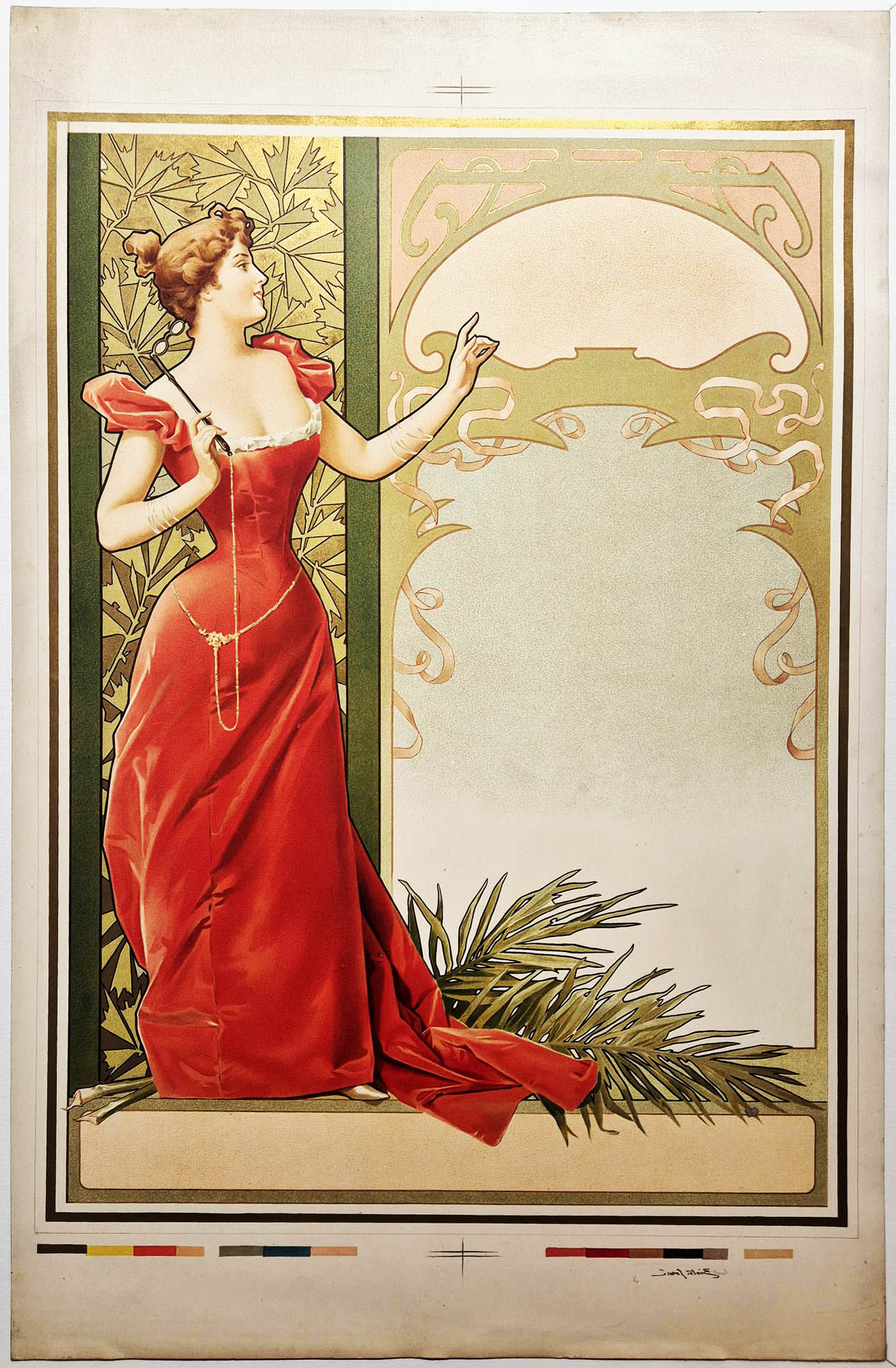 ANONYME - Projet d'Affiche, femme en robe rouge. c.1900. Chromolithographie.