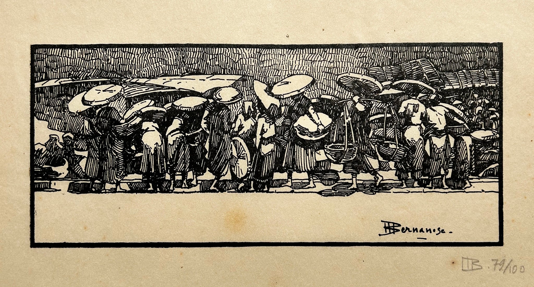 BERNANOSE Personnages dans la rue à Hanoï (Vietnam). Bois gravé.