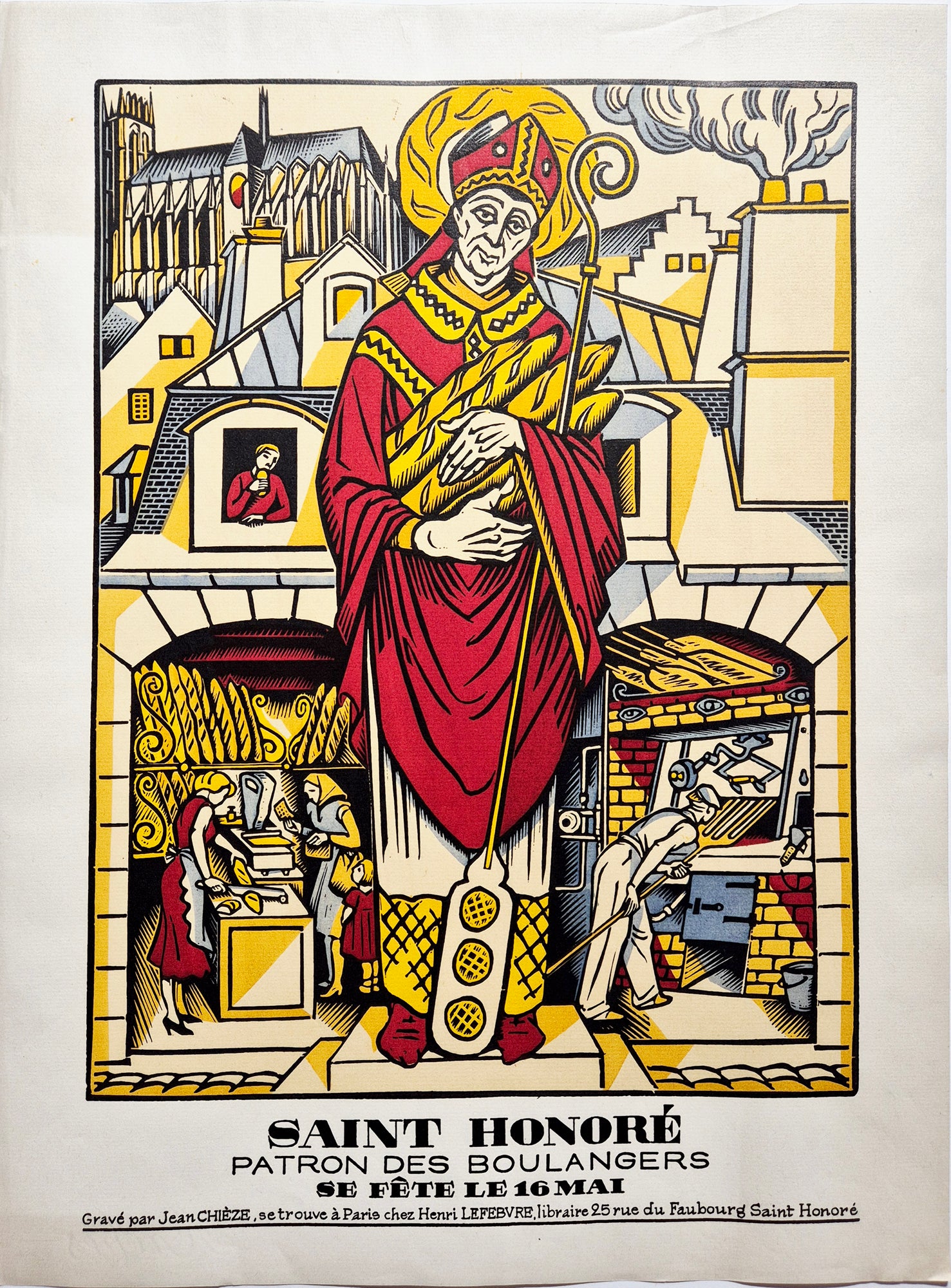 Jean CHIEZE - Saint Honoré, Patron des boulangers. 1940. Bois gravé, colorié au pochoir.