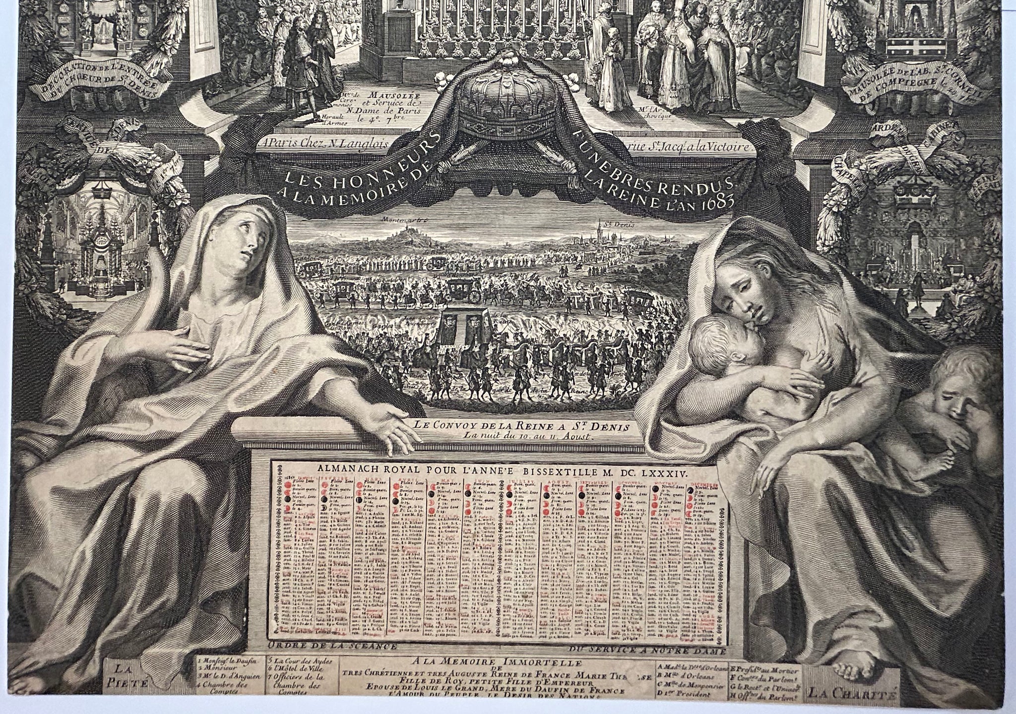 Almanach Royal pour l'année bissextile M.DC.LXXXIV (1684). Les Honneurs funèbres rendus à la Mémoire de la Reine Marie-Thérèse en l'an 1683.