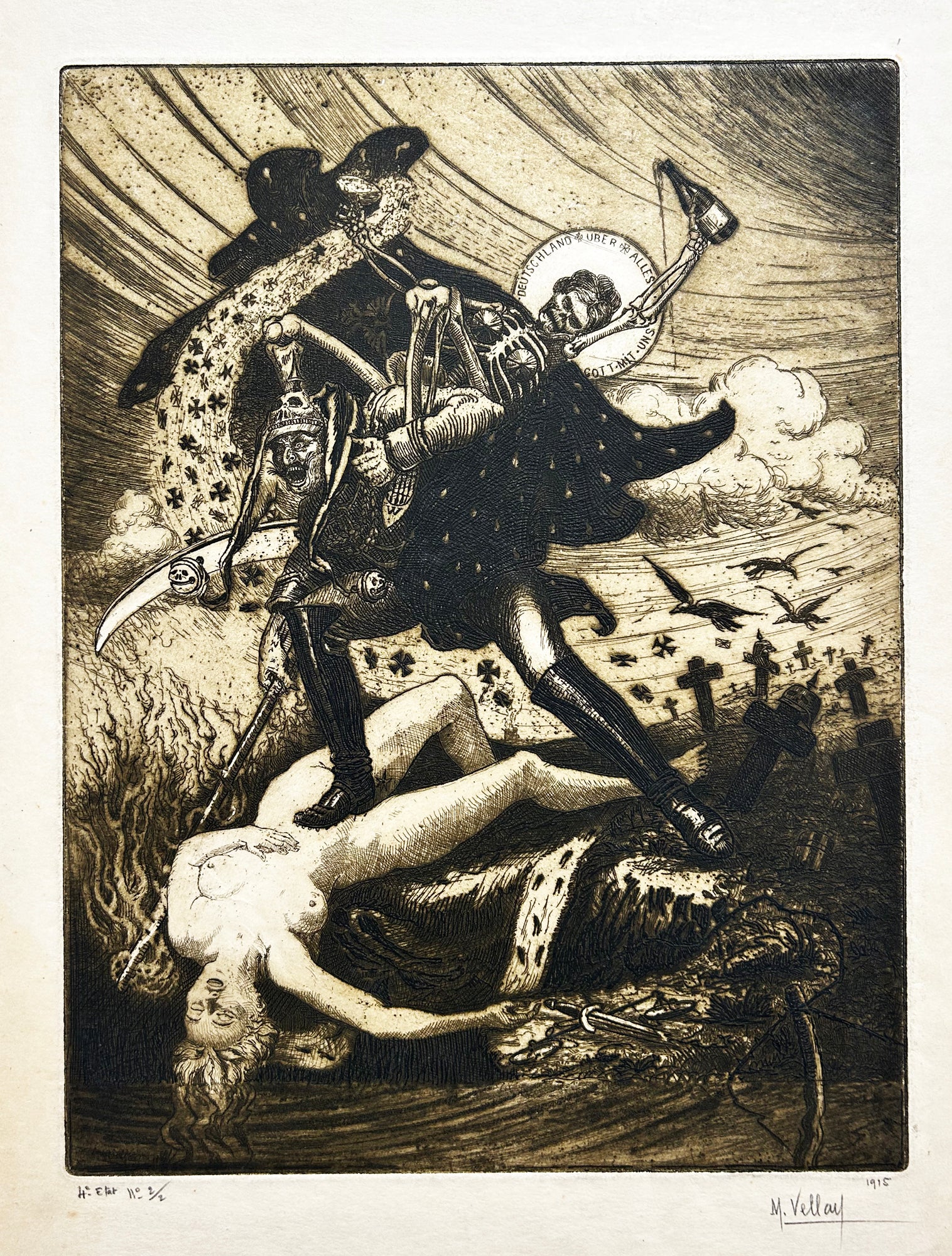 VELLAY M. - L'Allemagne au-dessus de tout.  1915. Eau-forte originale.