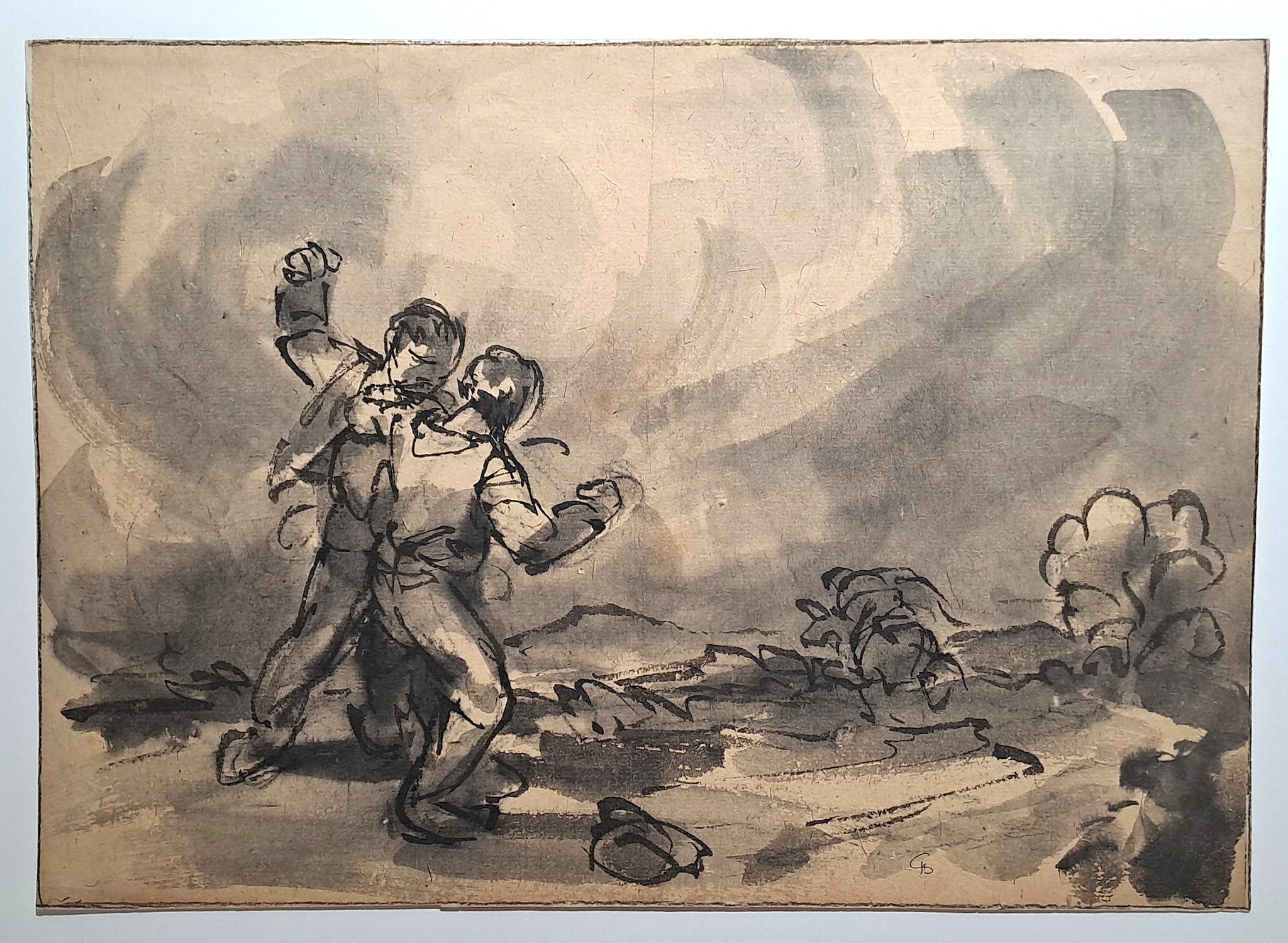 Jules CHADEL L'âne et les deux voleurs. Dessin original.