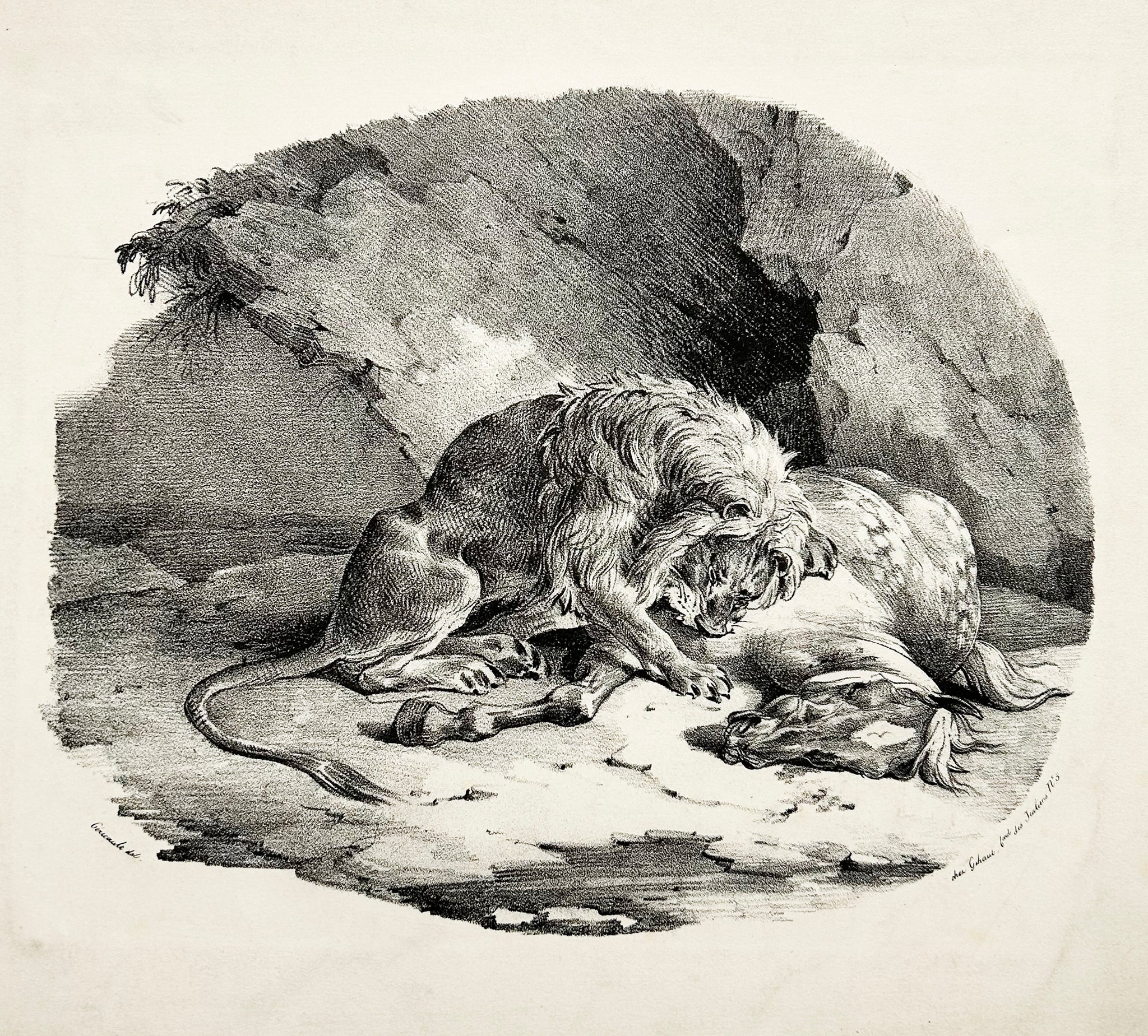 Théodore GERICAULT Cheval dévoré par un lion.  1823. Lithographie.
