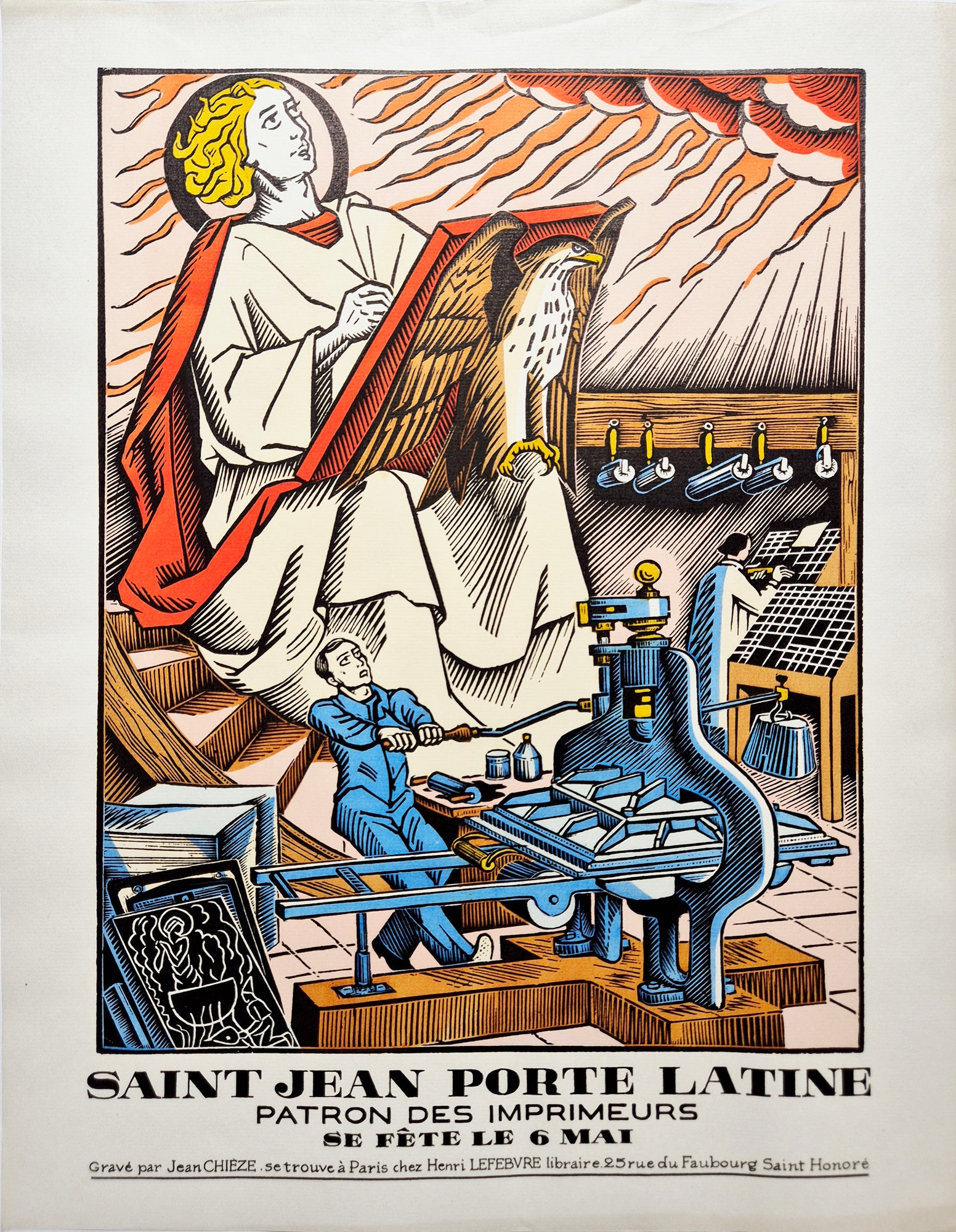 Jean CHIEZE - Saint Jean Porte Latine, patron des imprimeurs. 1942. Bois gravé, colorié au pochoir.