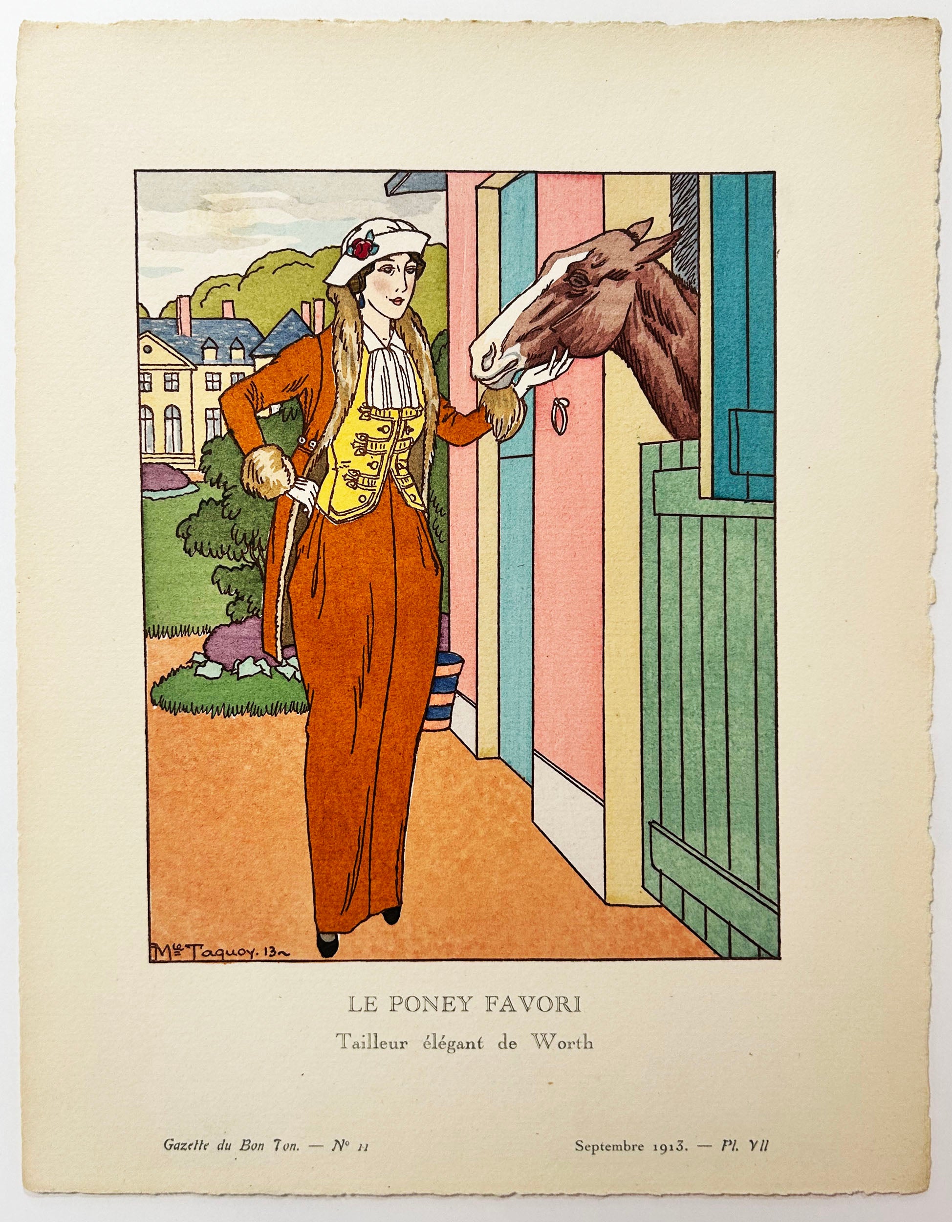 Maurice TAQUOY - Le poney favori. Tailleur élégant de Worth. 1913. Pochoir.