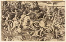 Charger l'image dans la galerie, D'après RAPHAËL - Combat entre cavaliers et fantassins. Copie au burin du XVIème par un anonyme d'après la gravure exécutée en 1522 par Hieronymus Hopfer (graveur allemand né vers 1500 et mort en 1563) d'après un dessin de Raphaël.