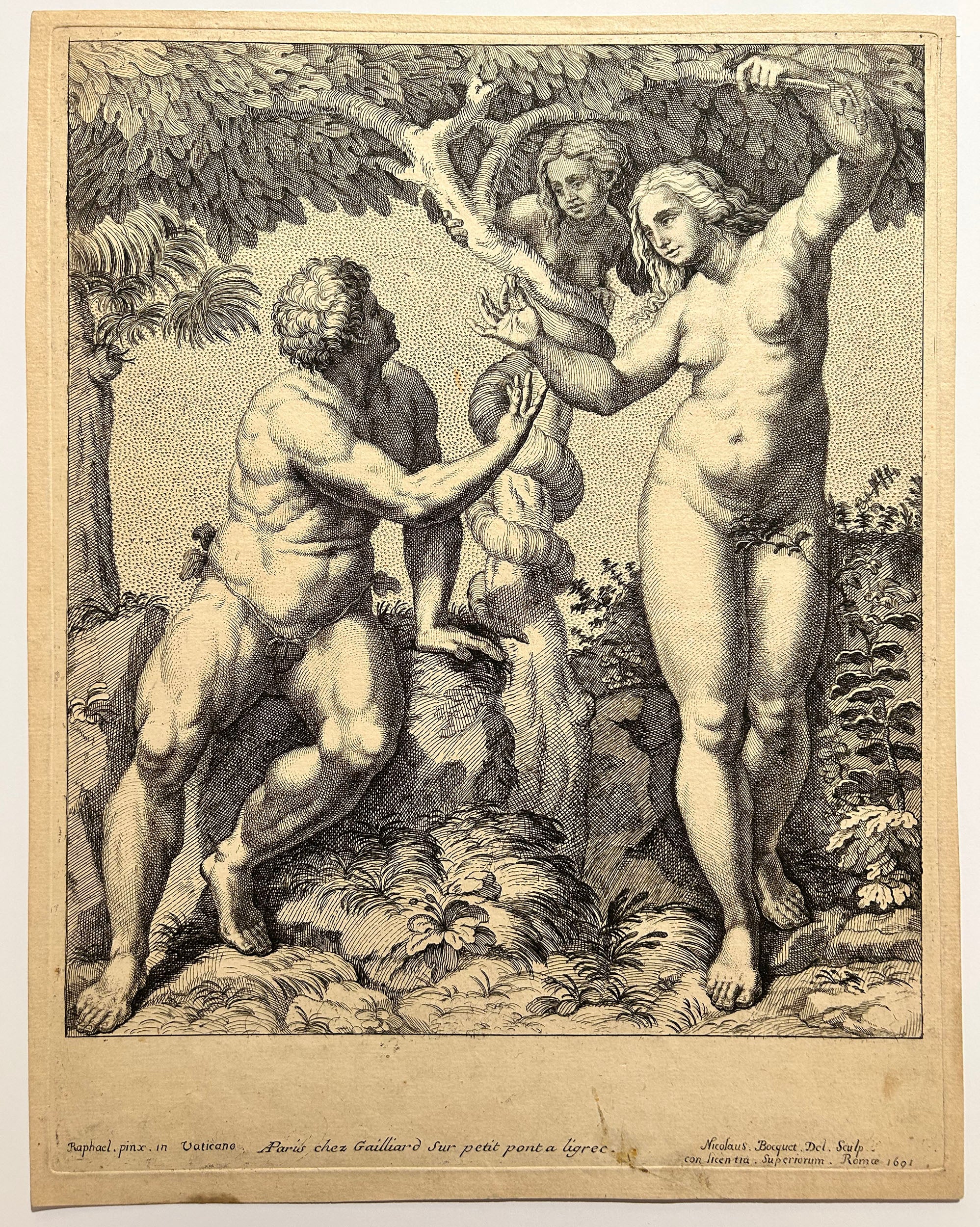 Nicolas BOCQUET - Adam et Eve séduits par le serpent. 1691. Eau-forte d'après Raphaël.