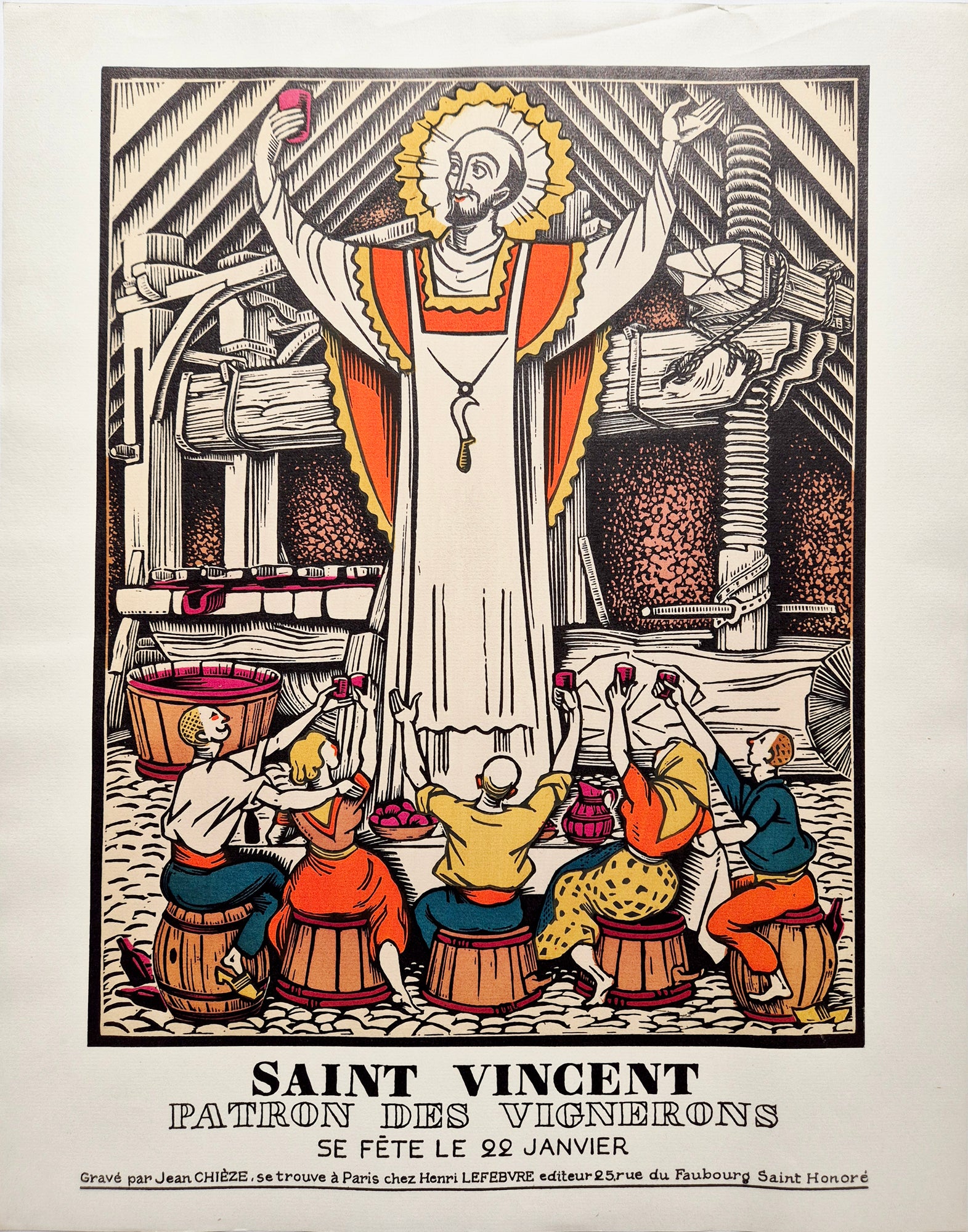 Jean CHIEZE - Saint Vincent, patron des vignerons. 1941. Bois gravé, colorié au pochoir.