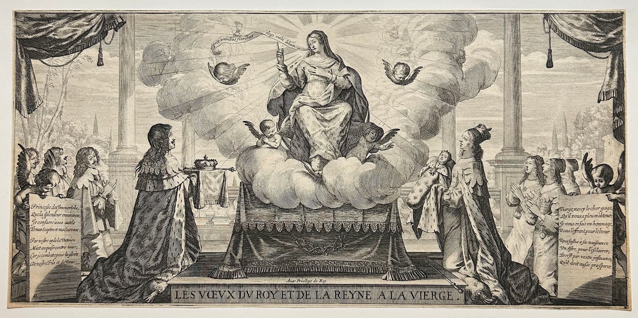 Abraham BOSSE - Les vœux du Roy et de la Reyne à la Vierge. Louis XIII et Anne d'Autriche agenouillés devant la Vierge en gloire.  1638. Gravure originale.
