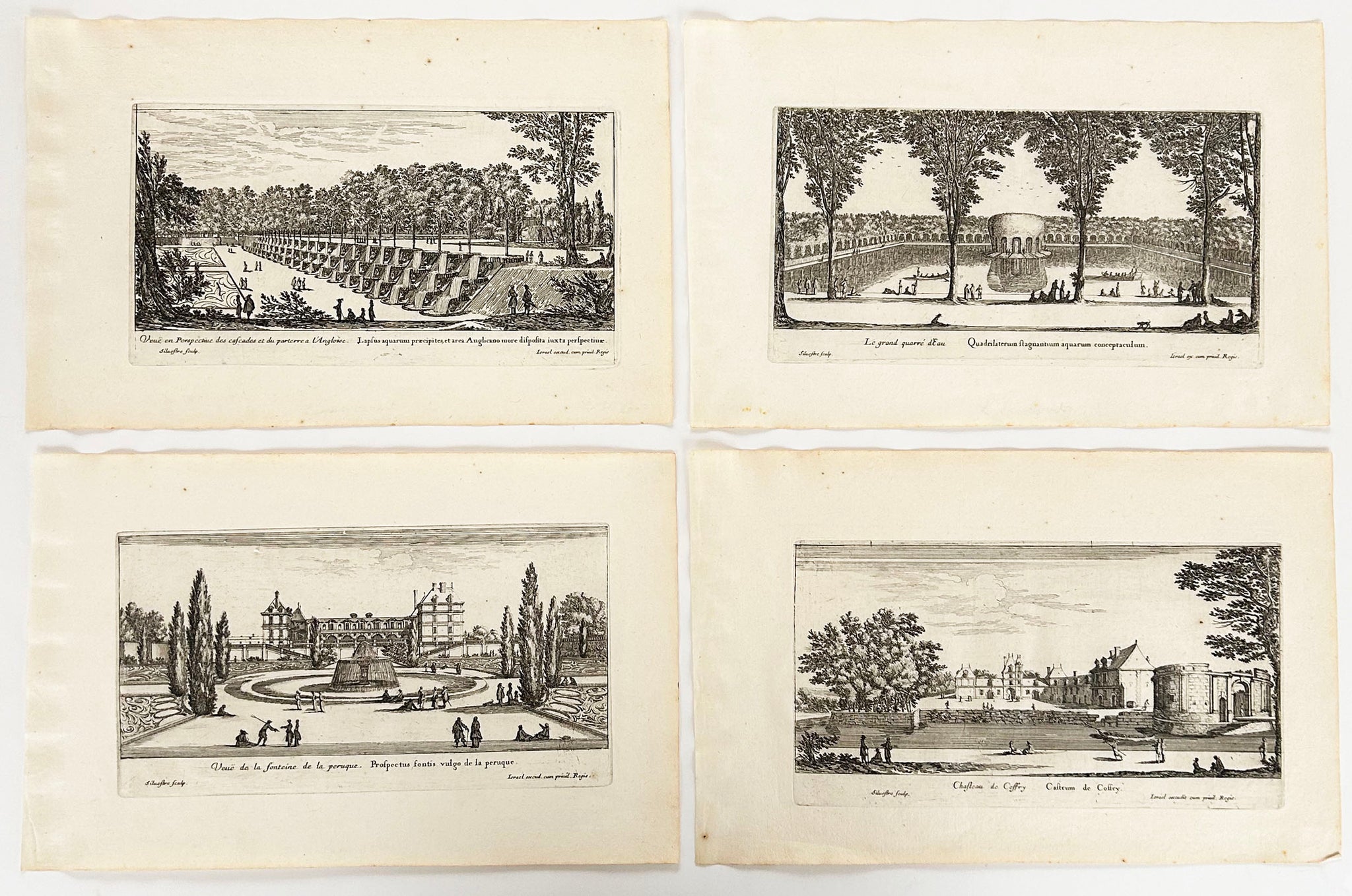 Différentes vues du château et des jardins, fontaines, cascades, canaux et parterres de Liencourt.  1656.
