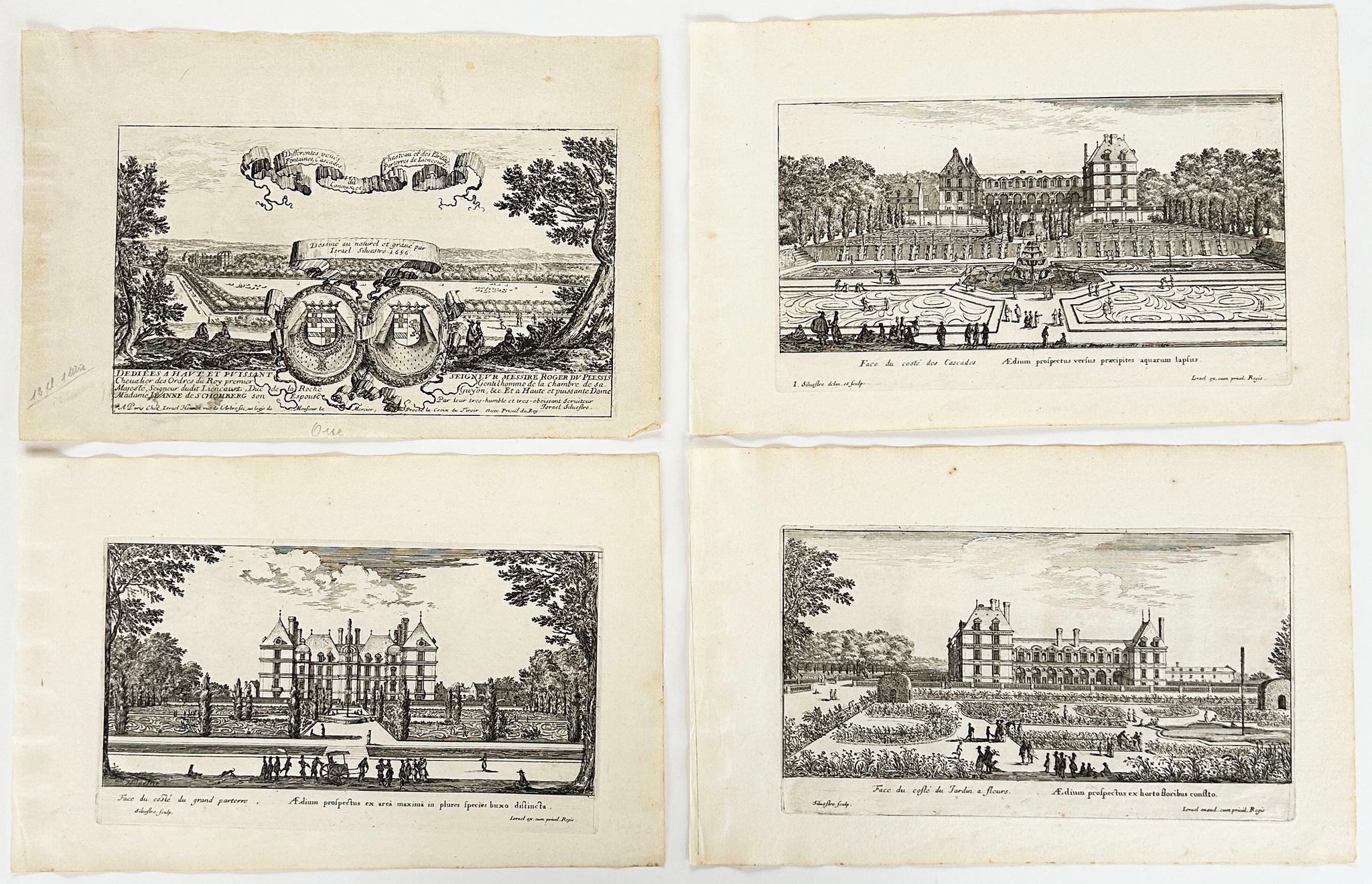 Différentes vues du château et des jardins, fontaines, cascades, canaux et parterres de Liencourt.  1656.