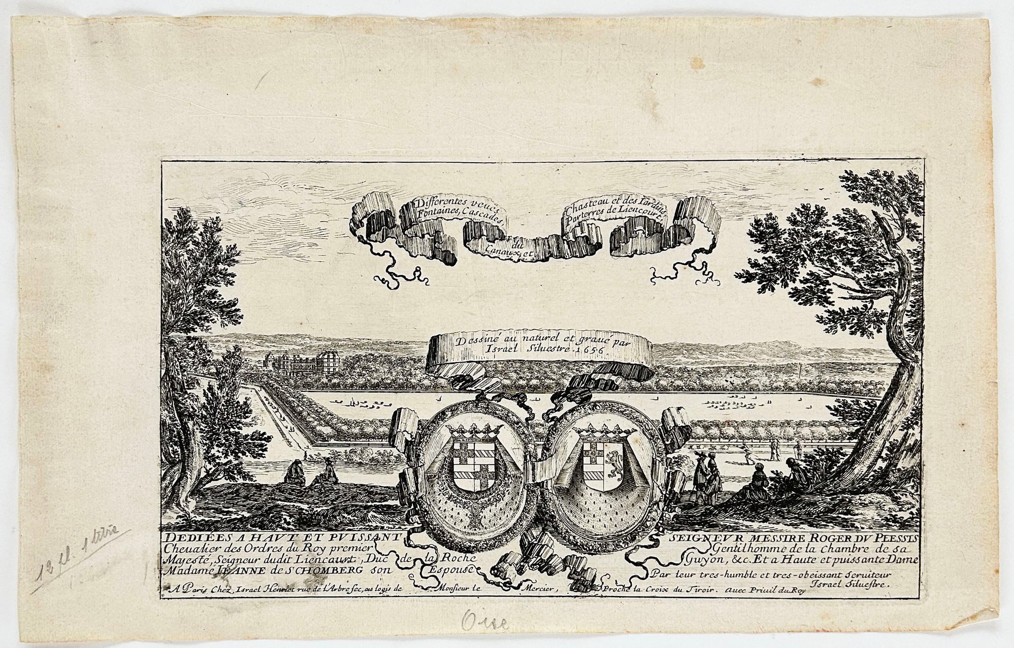 Différentes vues du château et des jardins, fontaines, cascades, canaux et parterres de Liencourt.  1656.