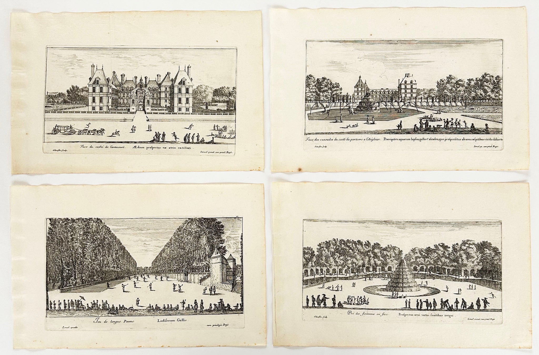 Différentes vues du château et des jardins, fontaines, cascades, canaux et parterres de Liencourt.  1656.