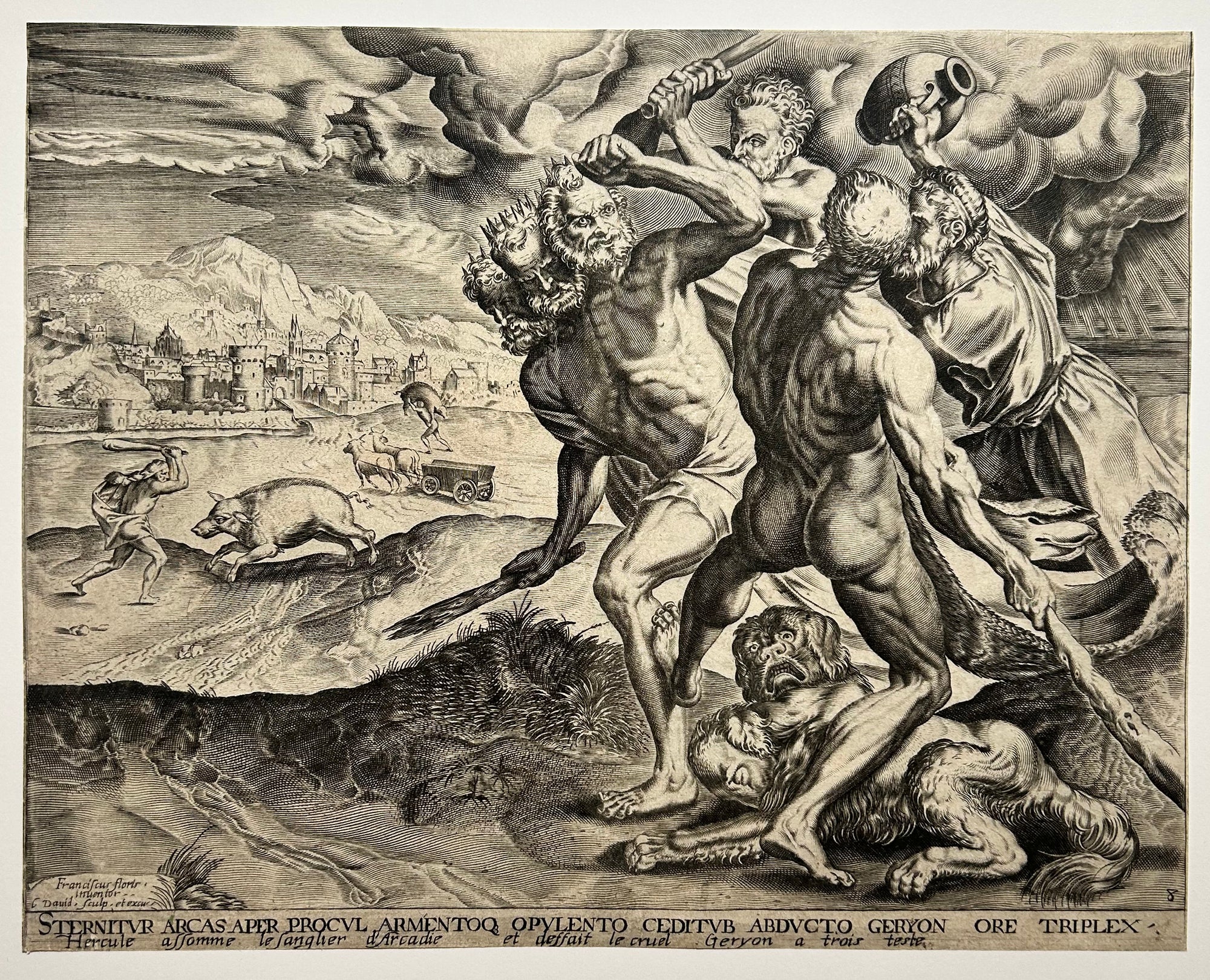 Charles DAVID - Hercule attaquant le monstre à trois têtes Géryon. c.1623. Gravure d'après Cornelis Cort.