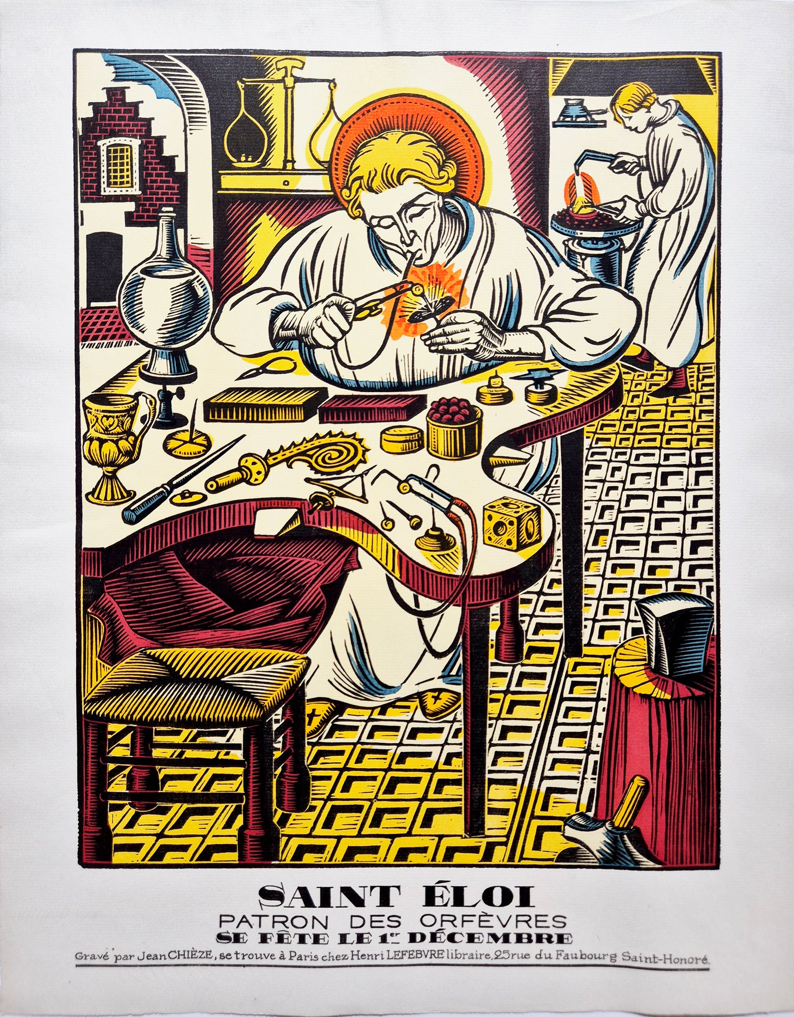 Jean CHIEZE - Saint Eloi, patron des orfèvres. 1943. Bois gravé, colorié au pochoir.