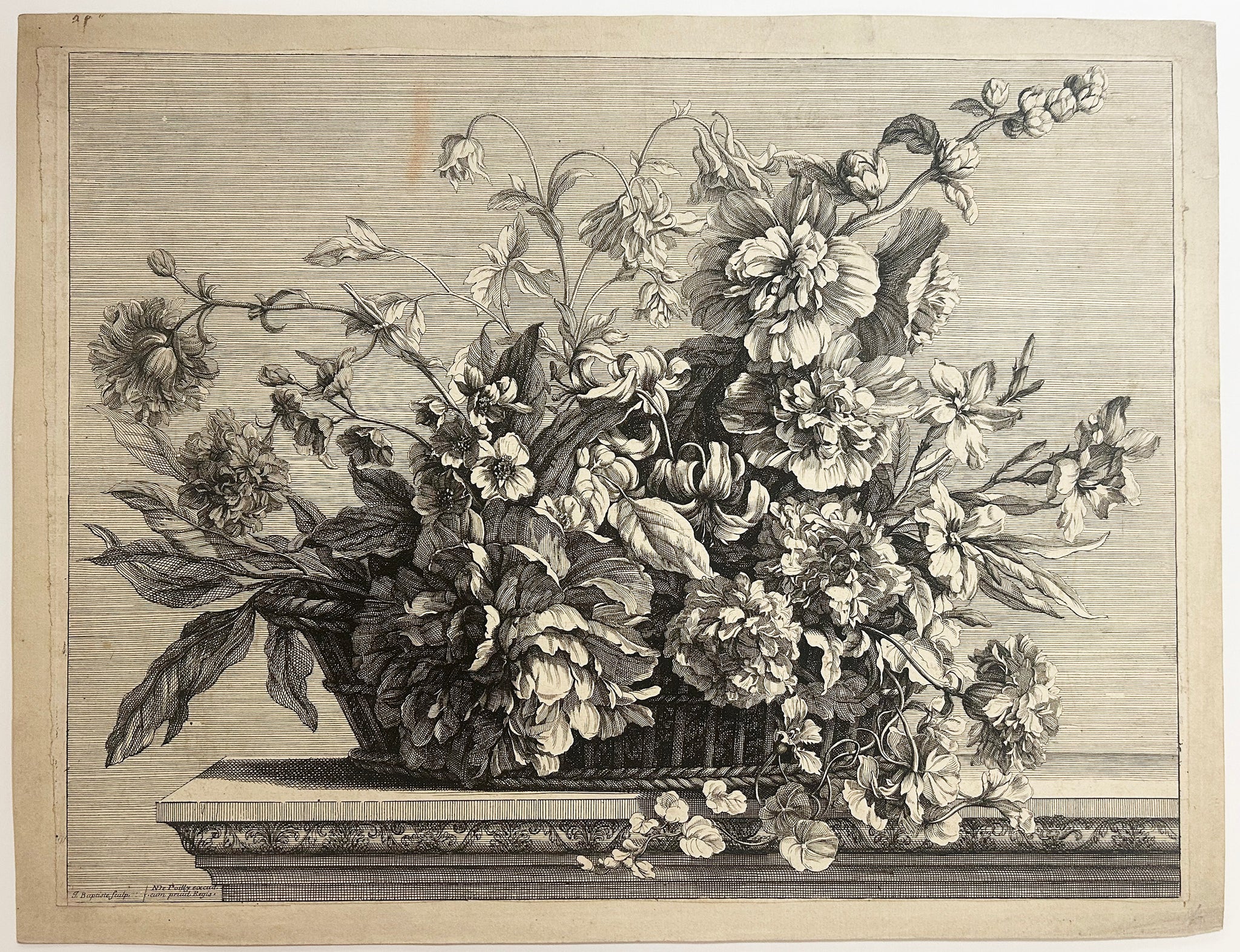 Grande corbeille de fleurs garnie de rose trémière, ancolie, pivoine, lis, œillets et campanules.