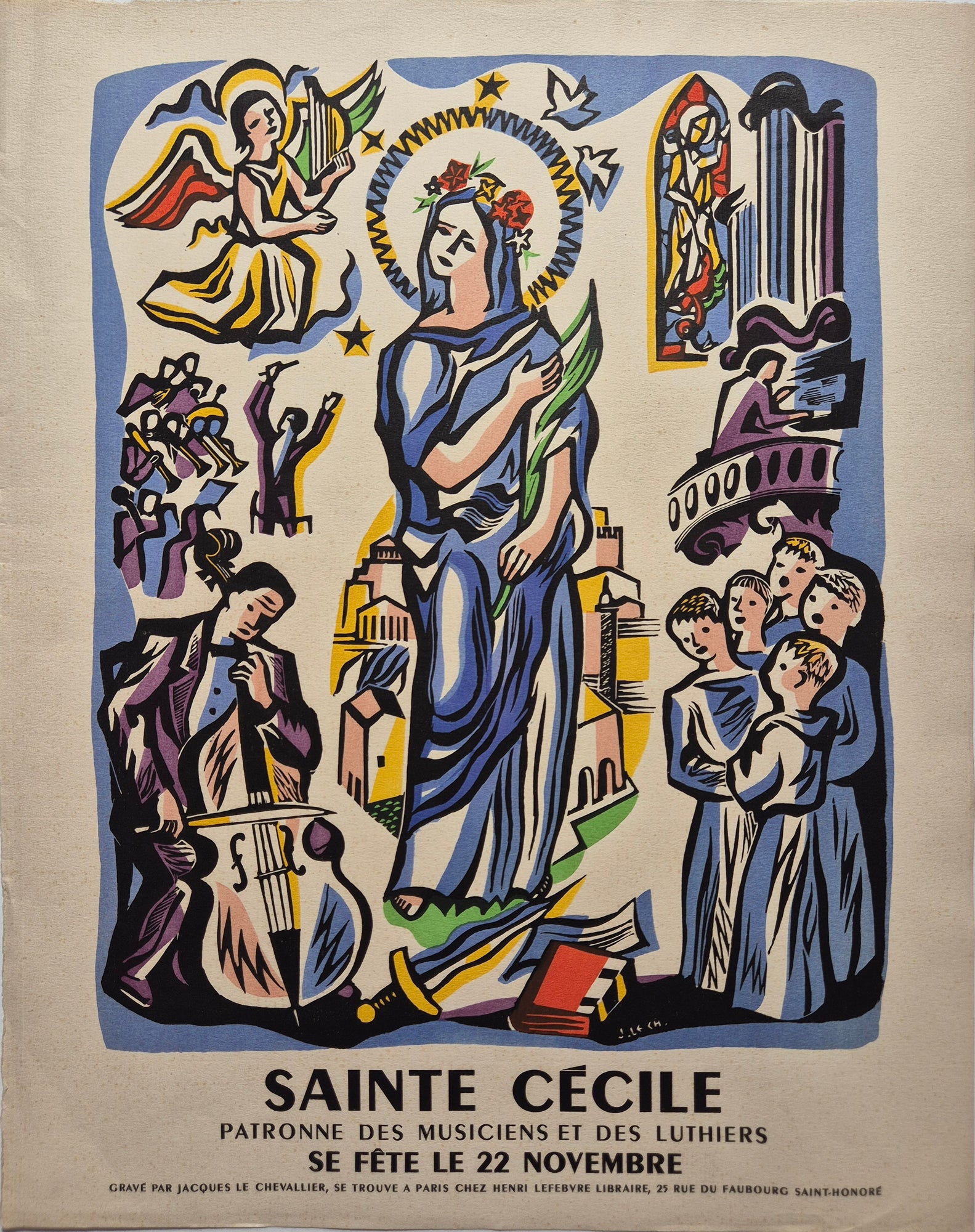 Jean CHIEZE - Sainte Cécile, patronne des musiciens et des luthiers. 1940. Bois gravé, colorié au pochoir.