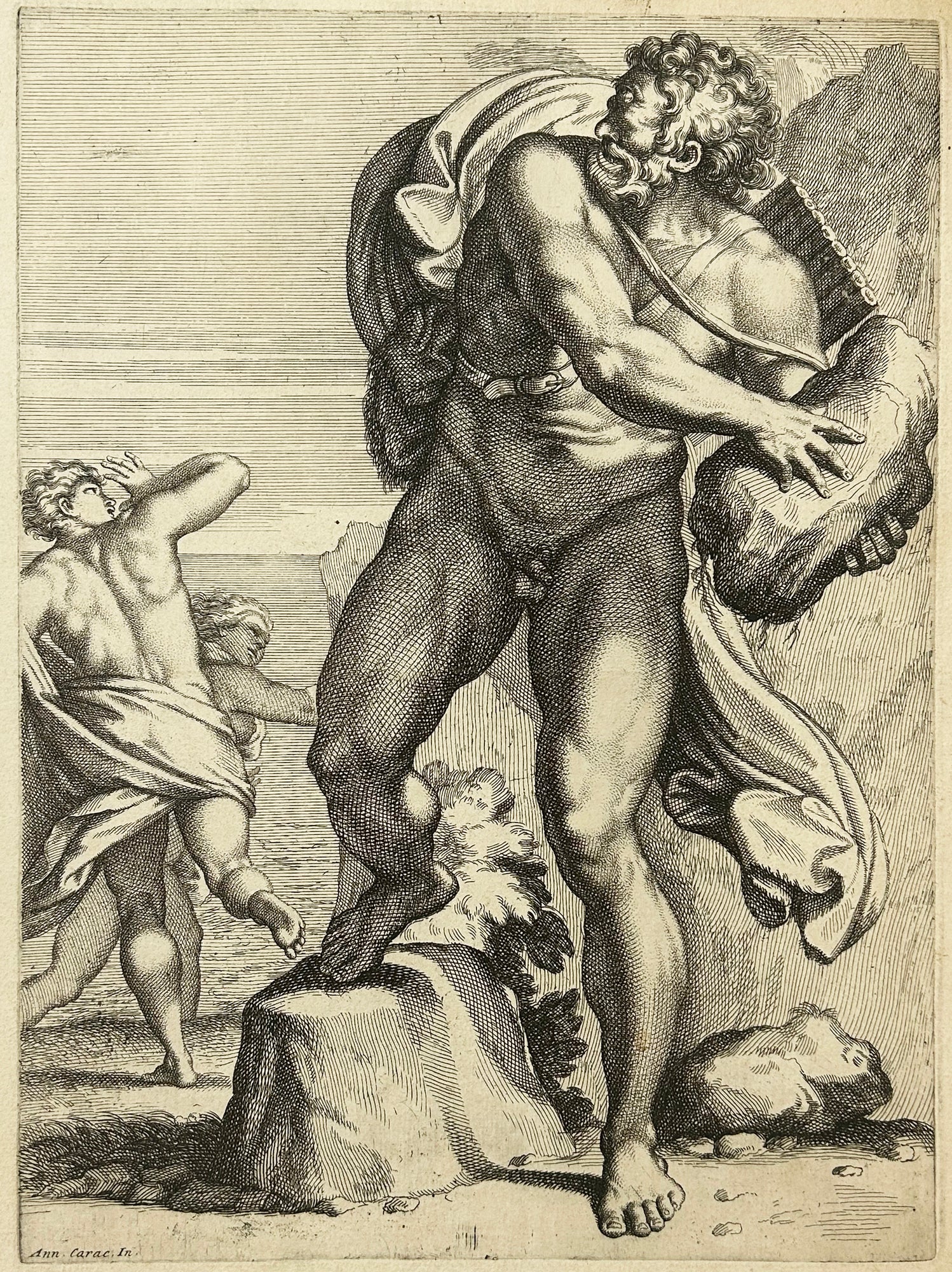 Le cyclope Polyphème lançant une pierre à Acis et Galatée.