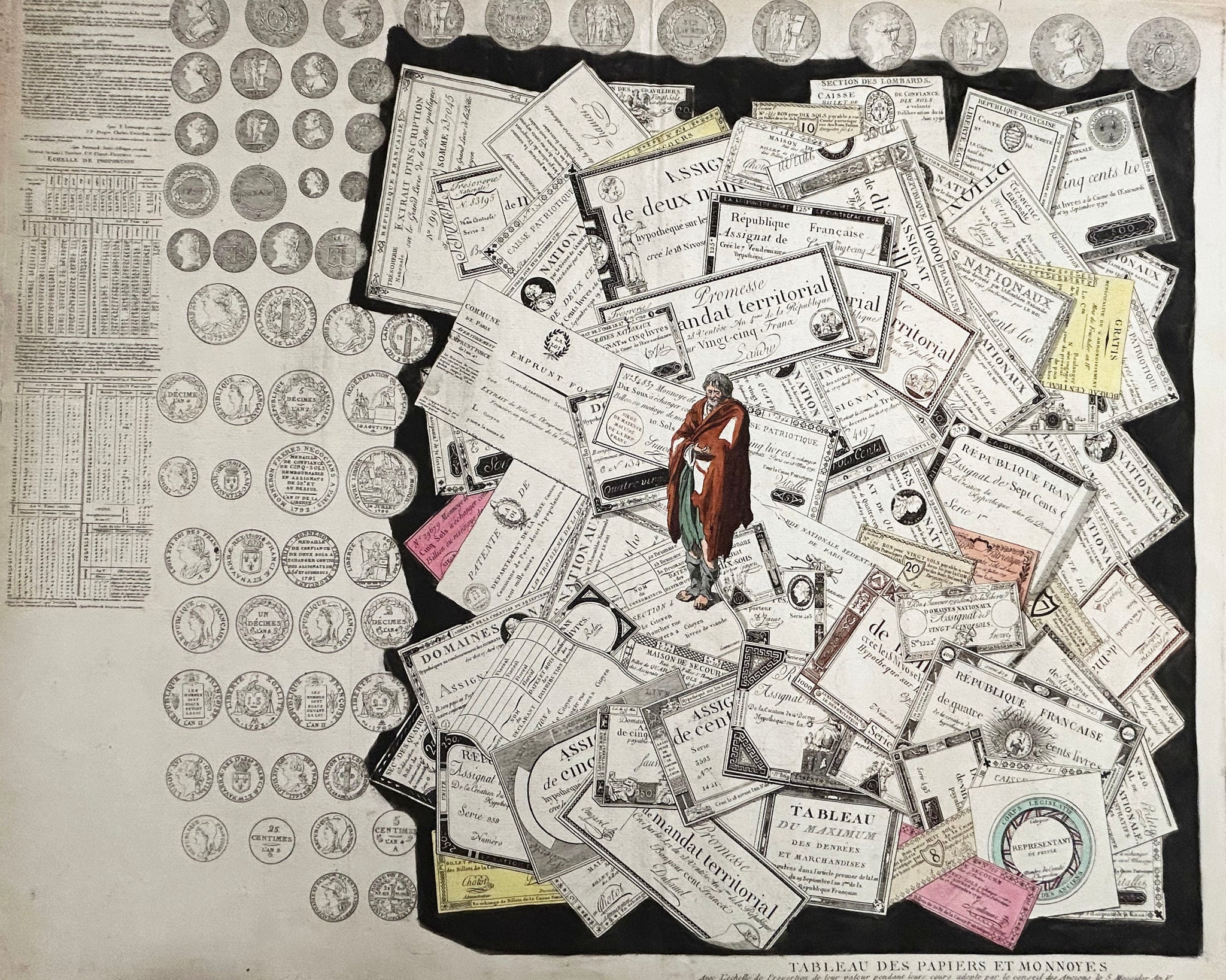 Tableau des papiers et monnaies, avec l'échelle de proportion de leur valeur pendant leurs cours adopté par le conseil des Anciens le 5 Messidor an V (23 juin 1797). Trompe l'œil aux assignats. Fin 18ème.
