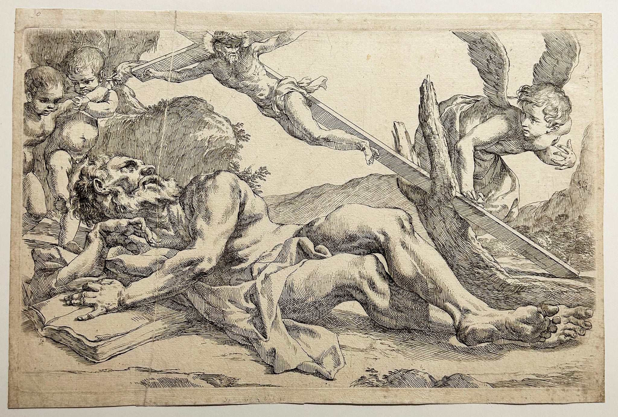 Saint Jérôme ayant une vision du Christ sur la croix. Gravure anonyme italienne.