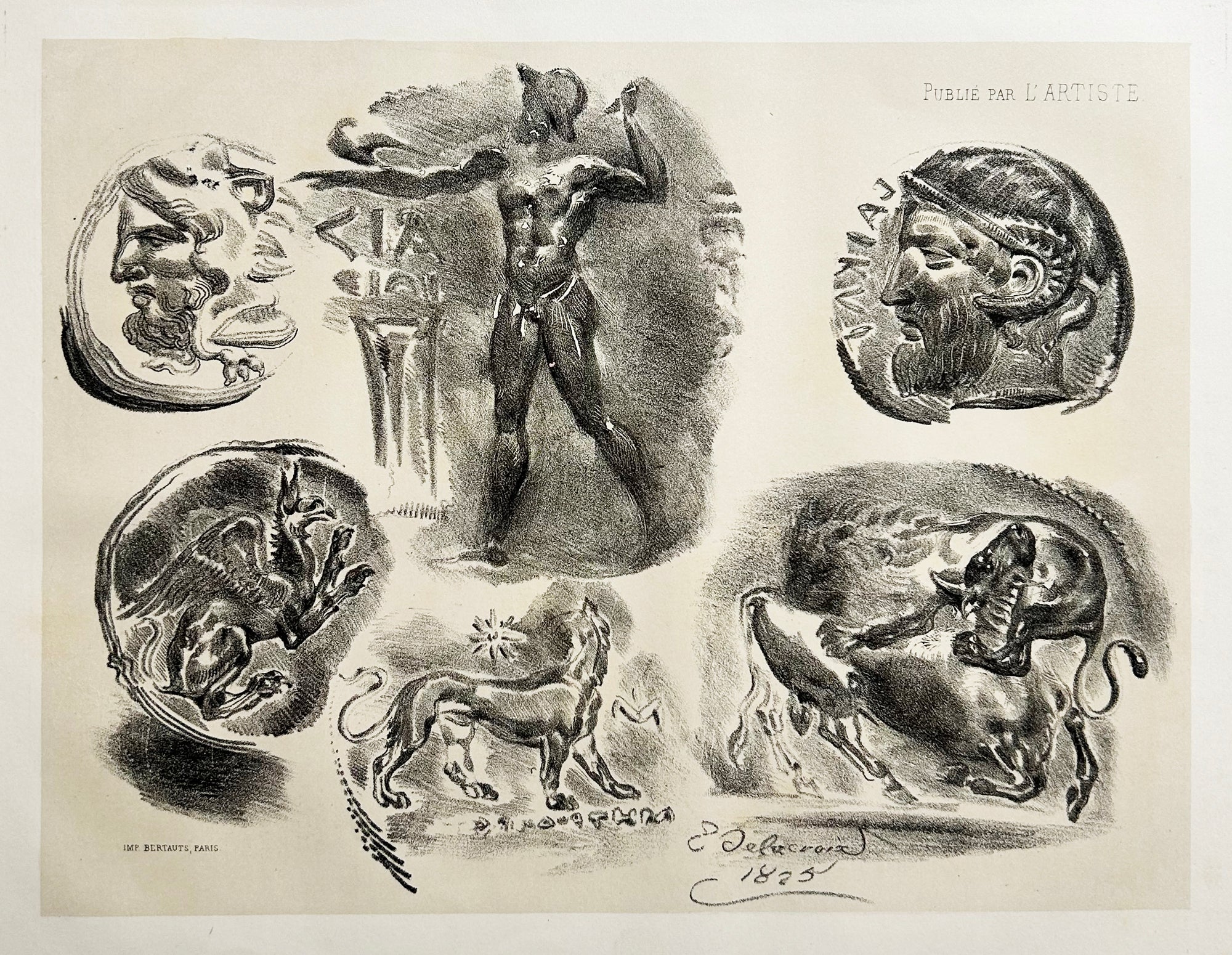Eugène DELACROIX - Feuille de six médailles antiques. 1825. Lithographie originale.