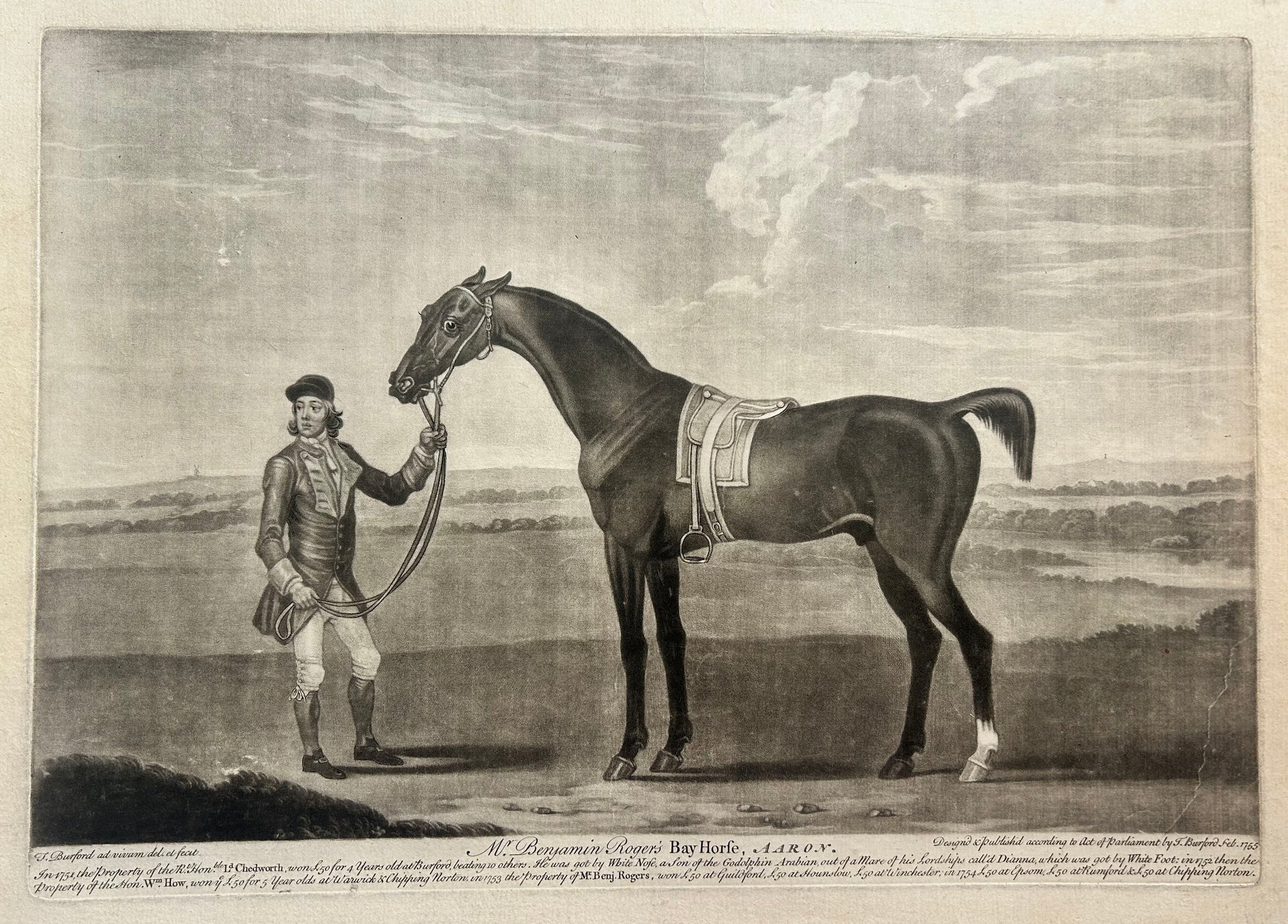 Thomas BURFORD - Mr Benjamin Roger's Bay Horse, Aaron.  1755. Manière noire originale.