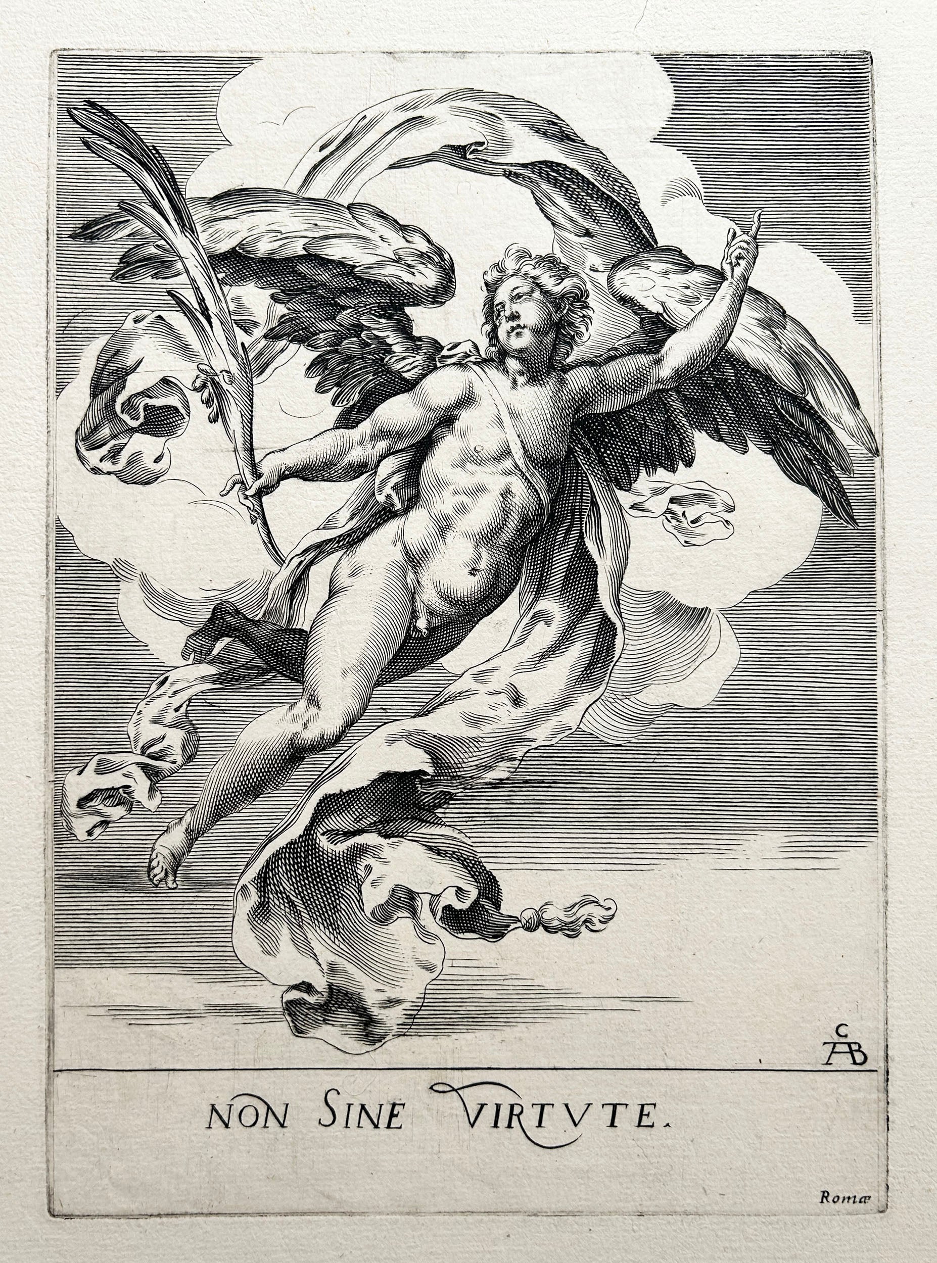 D'après Cherubino ALBERTI - Génie ailé tenant une palme de la main droite. Non sine virtute.  XVIIème. Gravure.