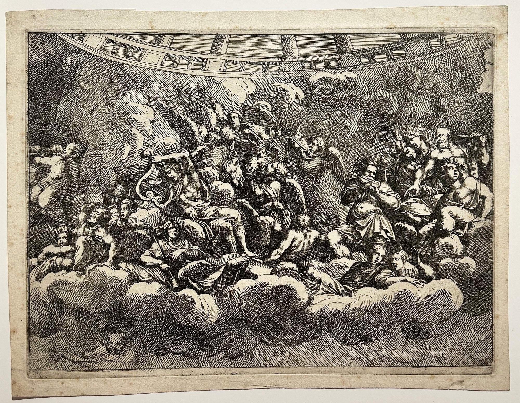 Pietro Santi BARTOLI - Dieux de l'Olympe et figures mythologiques parmi les nuages. c.1680. Gravure d'après Giulio Romano.