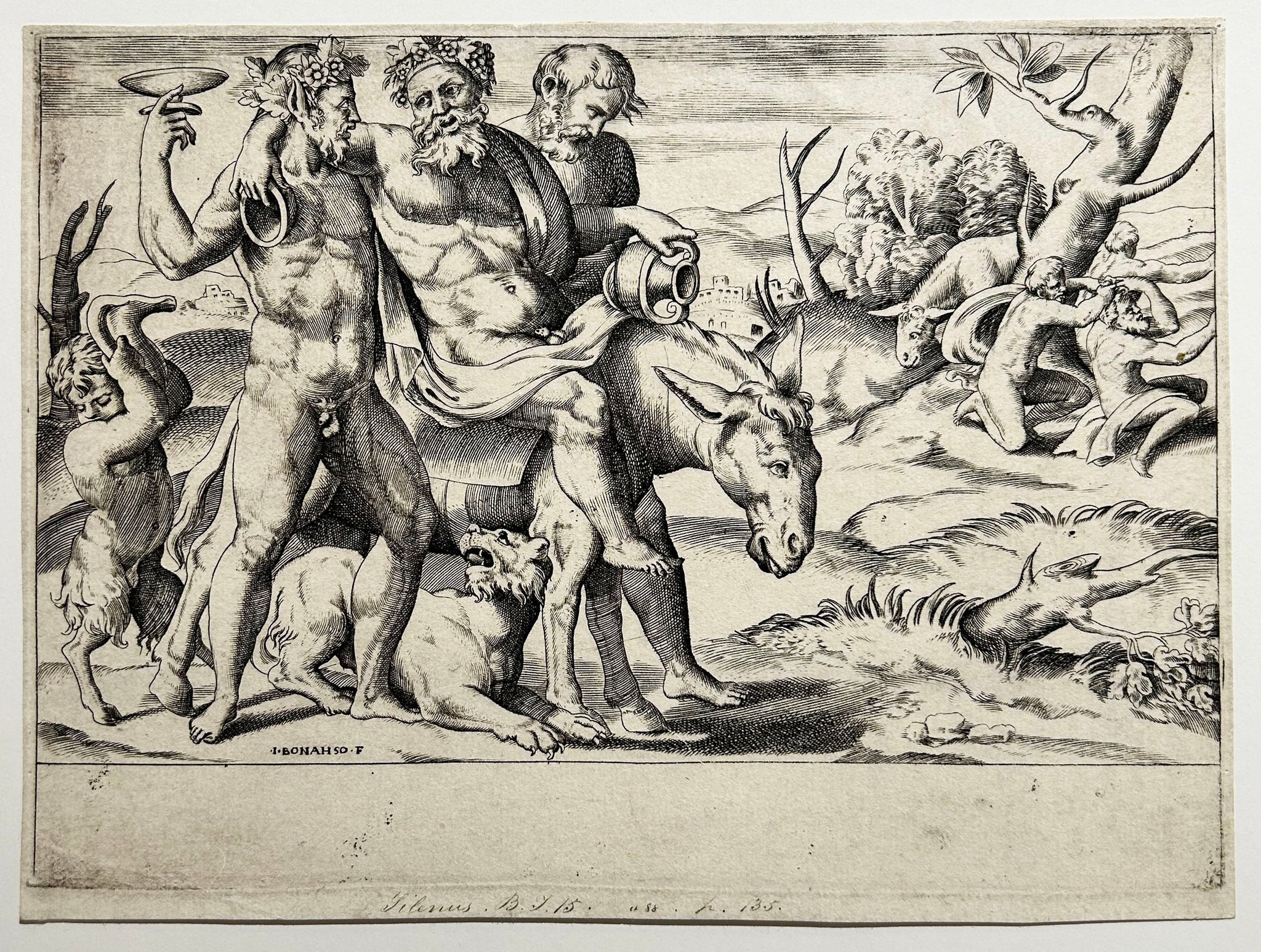 Giulio BONASONE - Silène monté sur un âne, se soutenant de chaque côté sur un Faune. Burin d'après Agostino Veneziano.