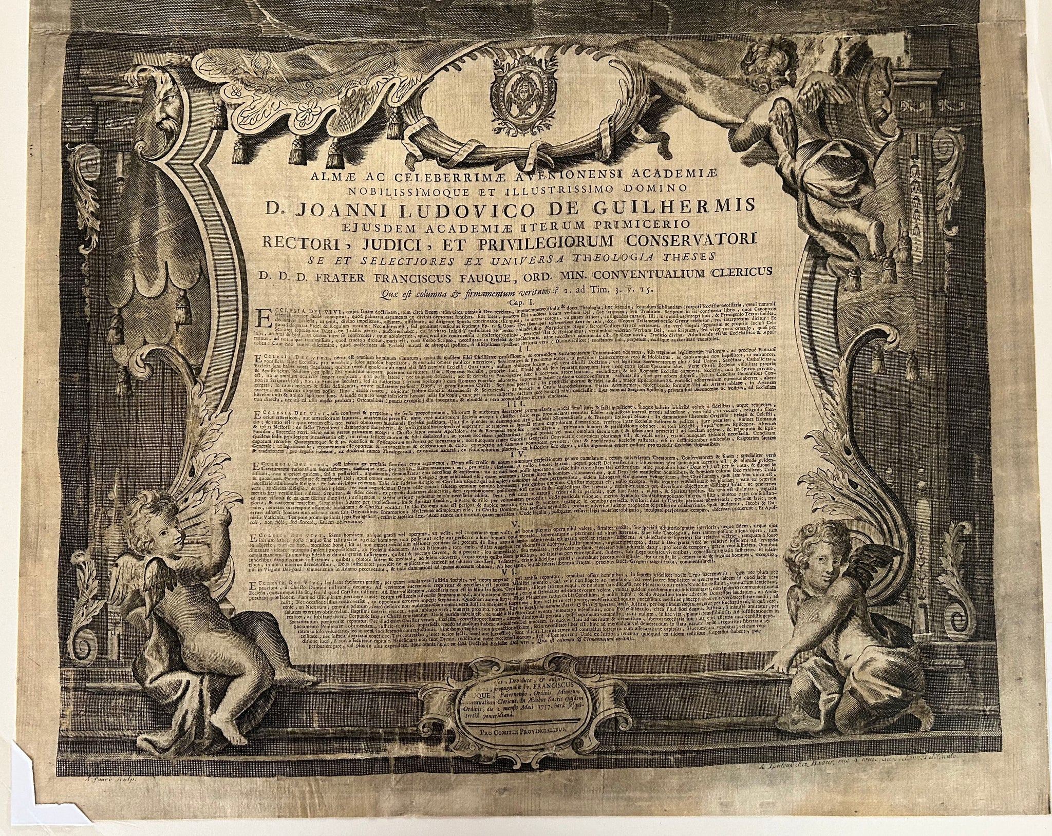 Thèse théologique pour Jean-Louis de Guilhermis, Primicier de l'Université d'Avignon en 1747 et 1756, premier Recteur, Juge et conservateur des privilèges de la même Académie.  1757.