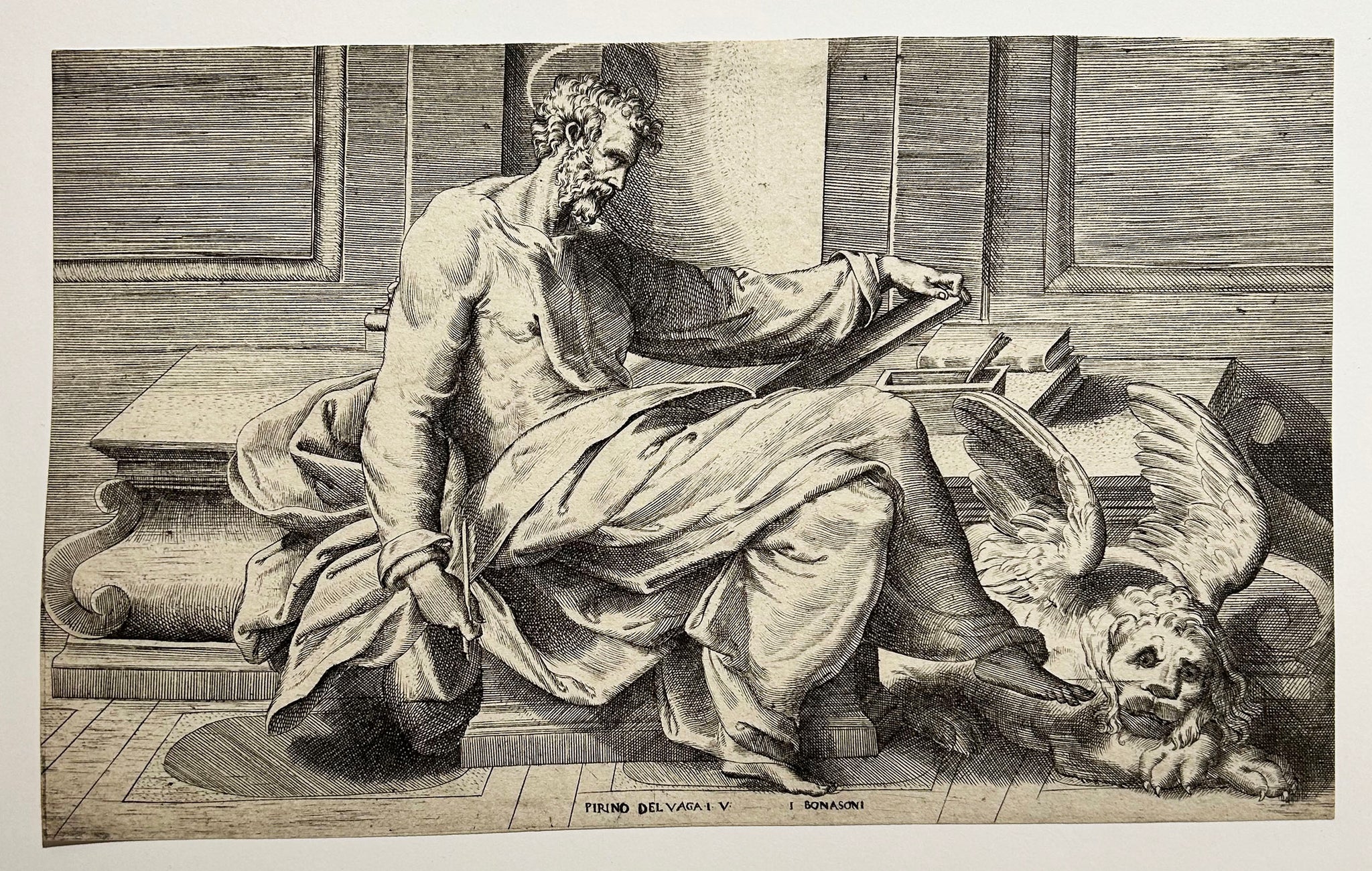 Giulio BONASONE - Saint Marc écrivant son évangile. Burin d'après Perino Del Vaga.