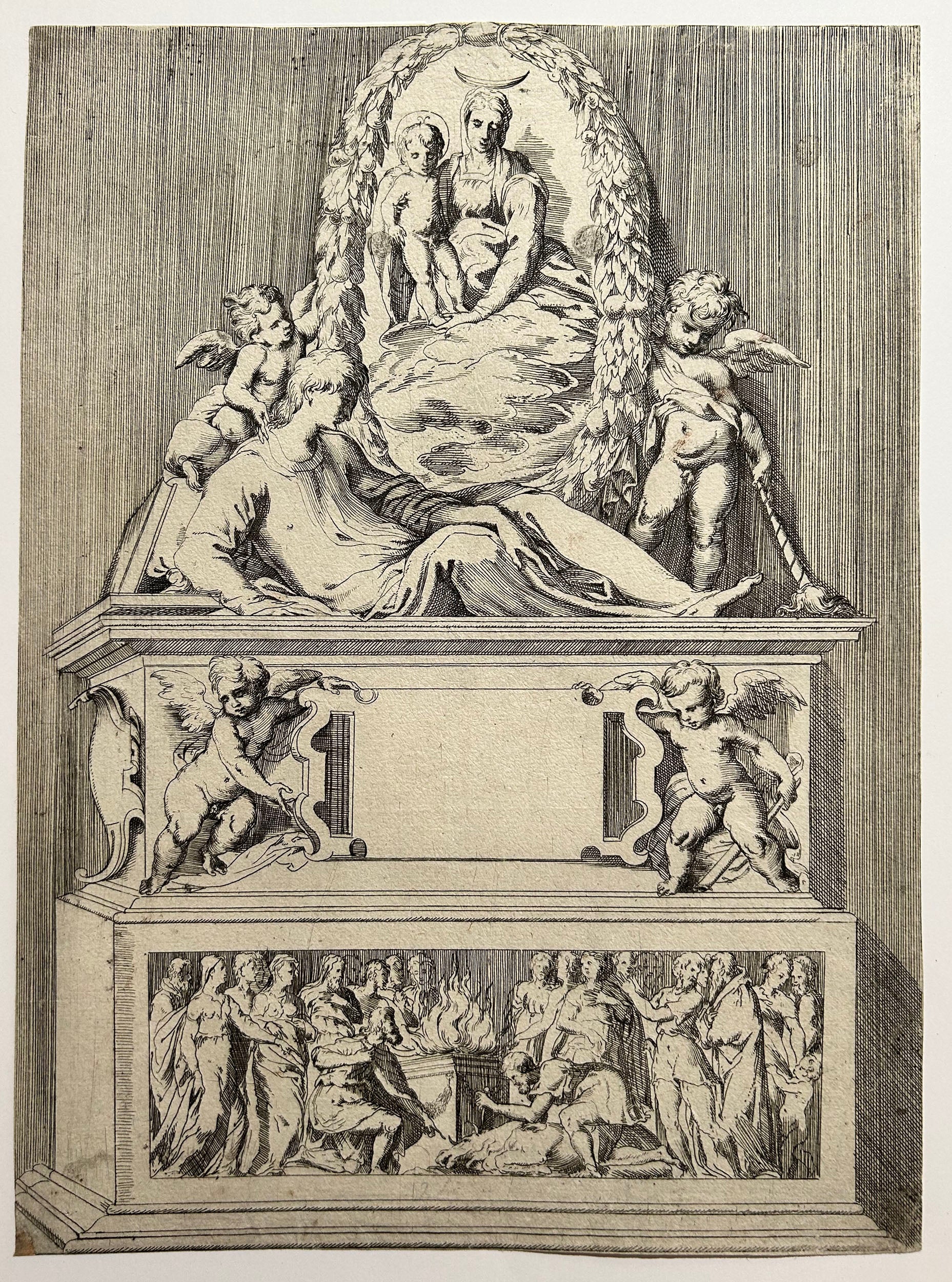 Angelo FALCONETTO - Tombe surmontée d'une Vierge à l'enfant dans une couronne ovale. 1555-1565. Eau-forte d'après Le Parmesan.