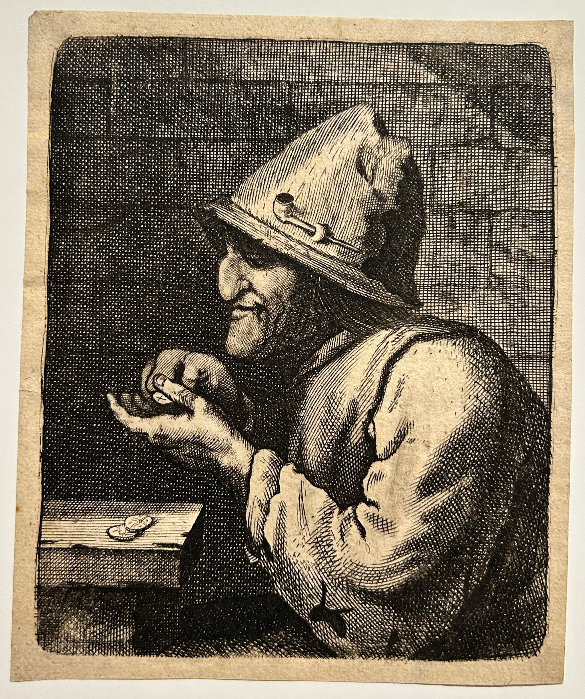 Un paysan portant un chapeau avec une pipe et comptant des pièces de monnaie.
