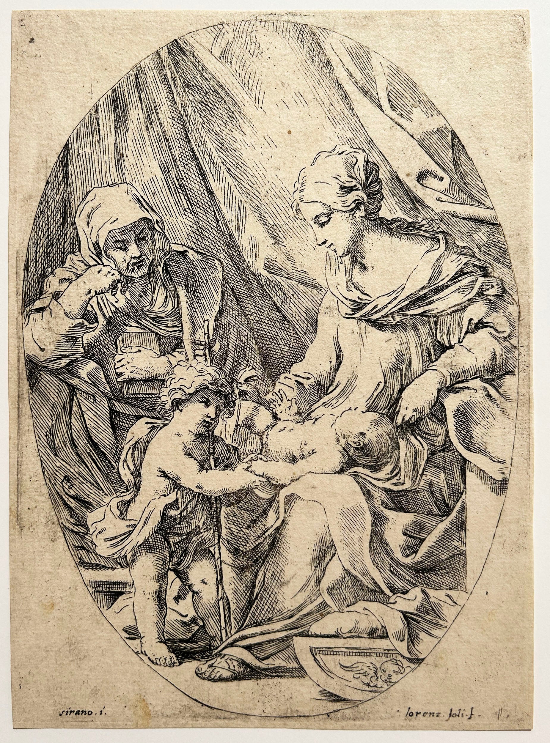Lorenzo LOLI - La Sainte Vierge et l'Enfant avec Sainte Elisabeth et Jean-Baptiste enfant. Eau-forte d'après Sirani.