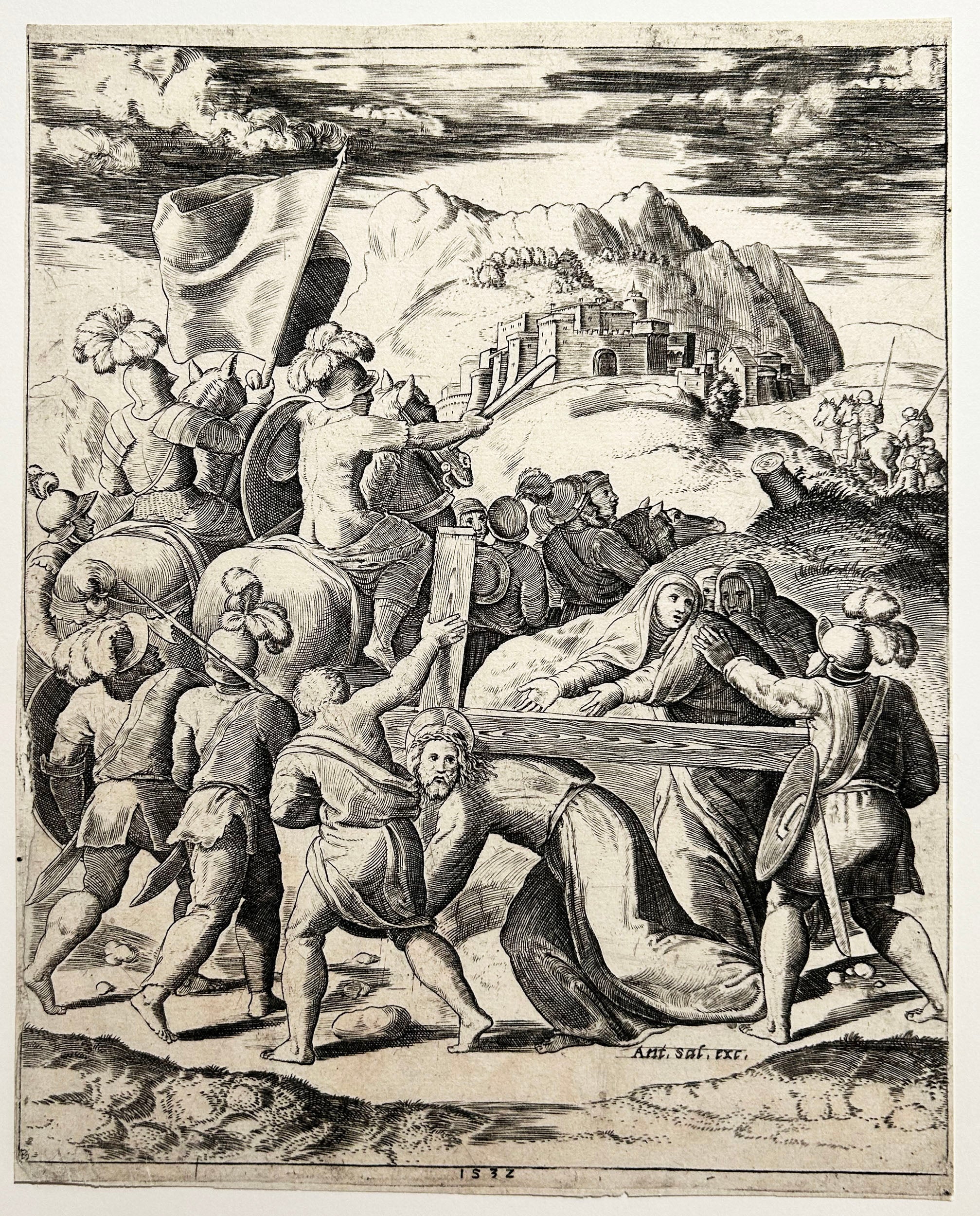 MAITRE AU DE - Le portement de croix. 1532. Burin.