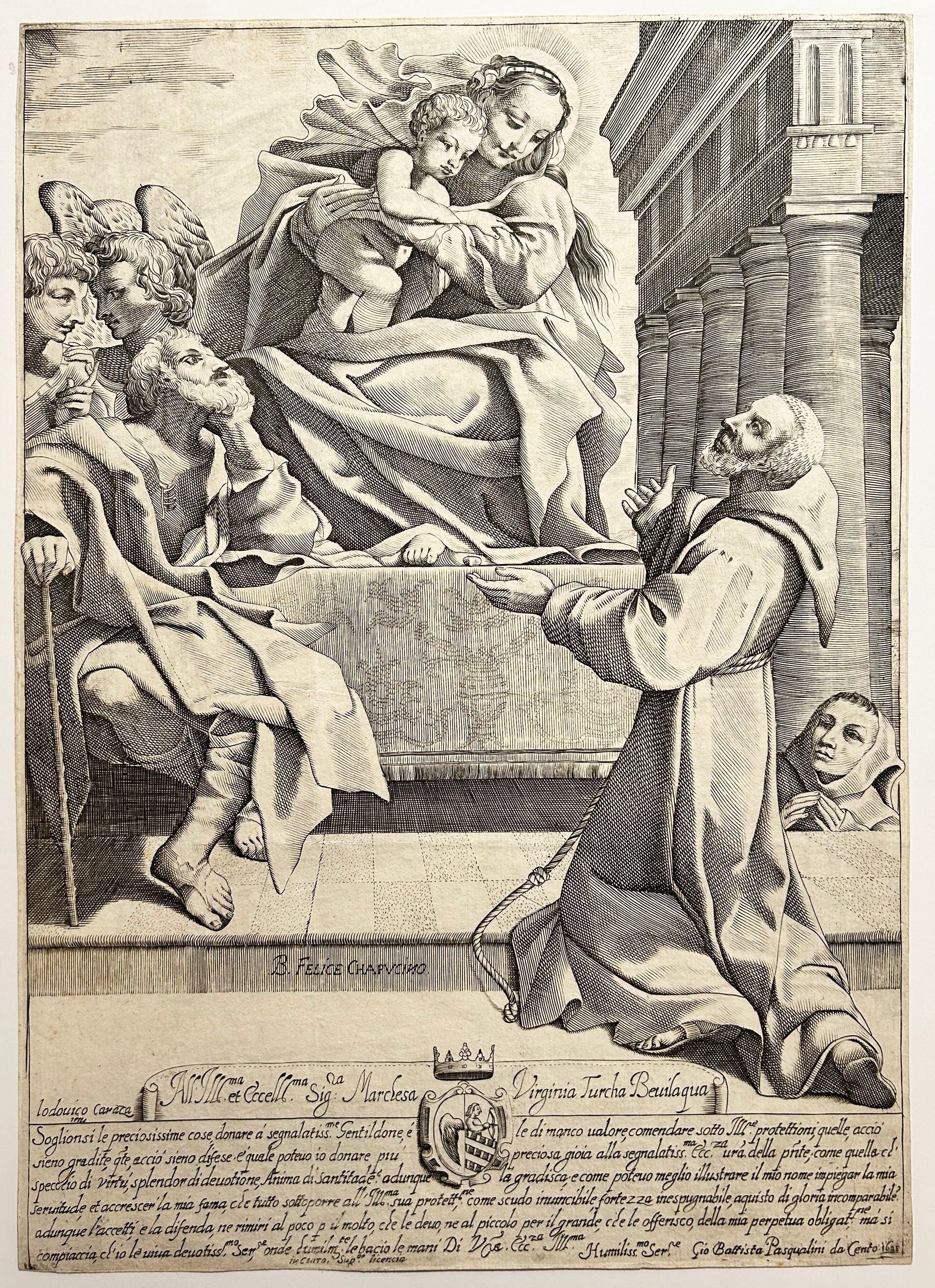Giovanni Battista PASQUALINI - Saint Félix capucin, et autres Saints devant la Sainte Vierge. 1623. Eau-forte d'après Lodovico Carracci.