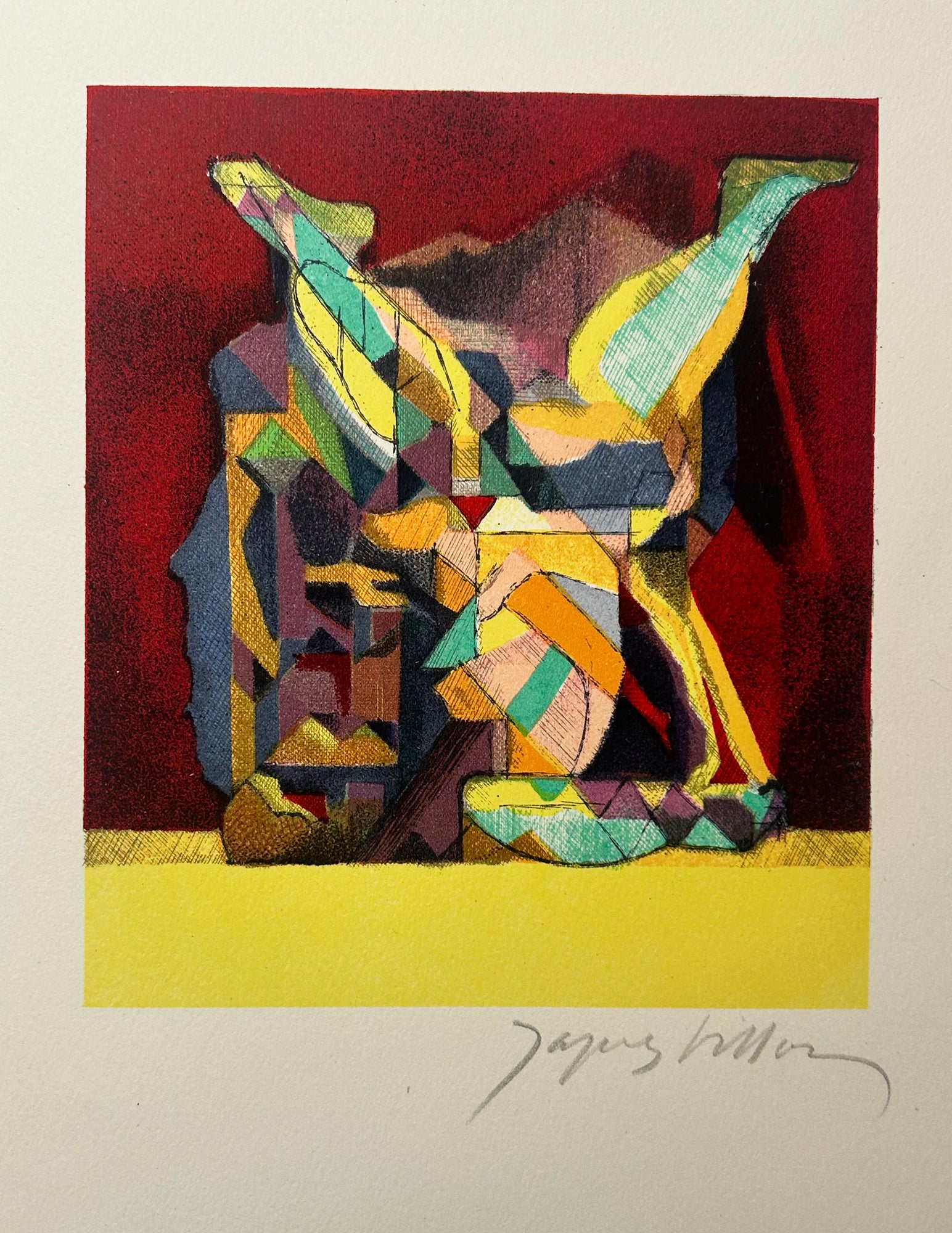 Jacques VILLON - Acrobate. Carte de vœux. 1958. Lithographie en couleurs.