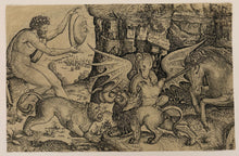 Charger l'image dans la galerie, MAÎTRE DE LA DECOLLATION DE SAINT JEAN-BAPTISTE - Le combat allégorique au miroir solaire, ou Poison et Antidote. c.1515-1520. Eau-forte d'après Leonardo da Vinci (Vinci (Toscane) 1452 † Amboise 1519).