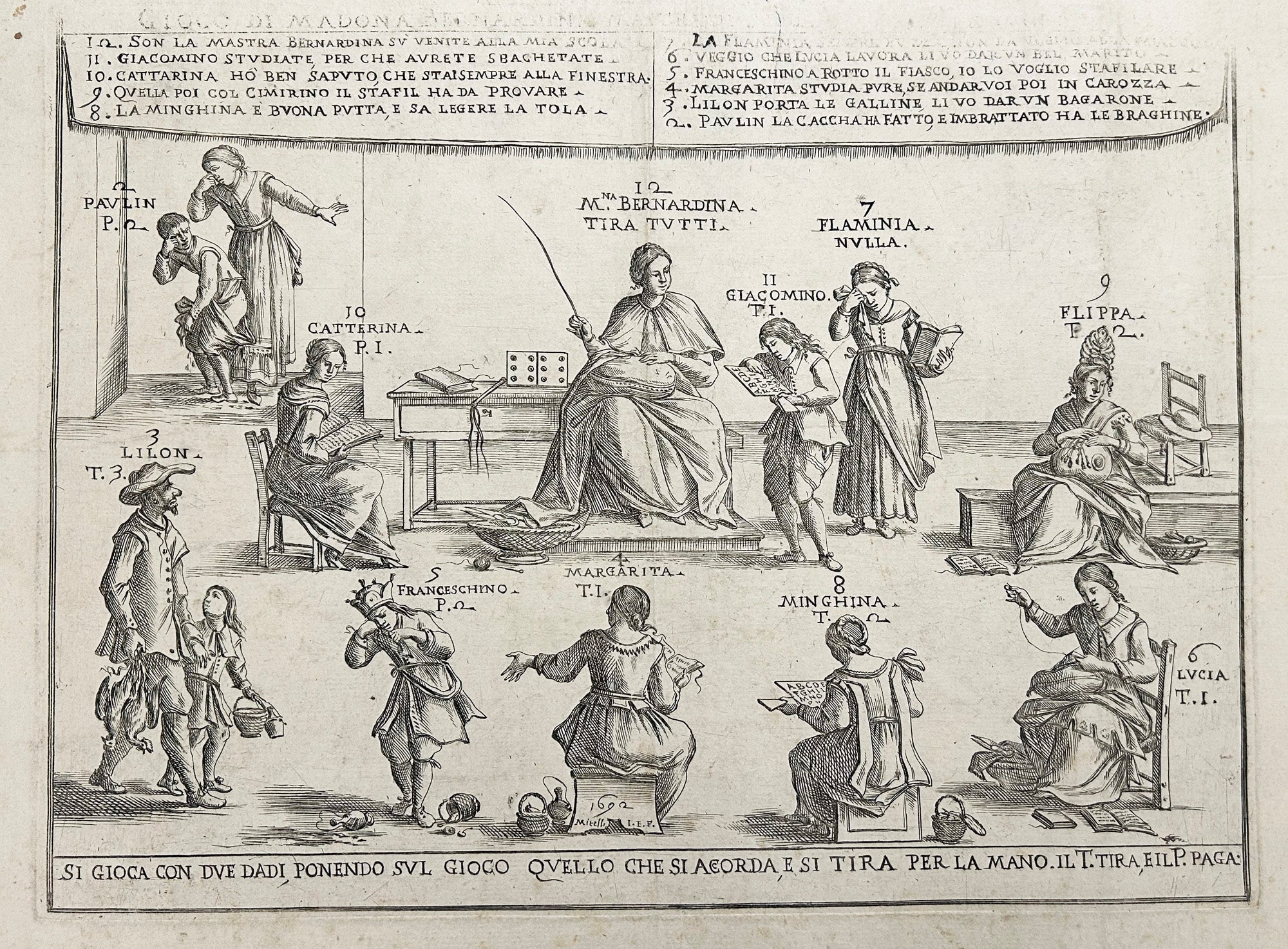 Gioco di Madona Bernardina Mastra di Scola, così parla a' suoi Scolari.  1692.