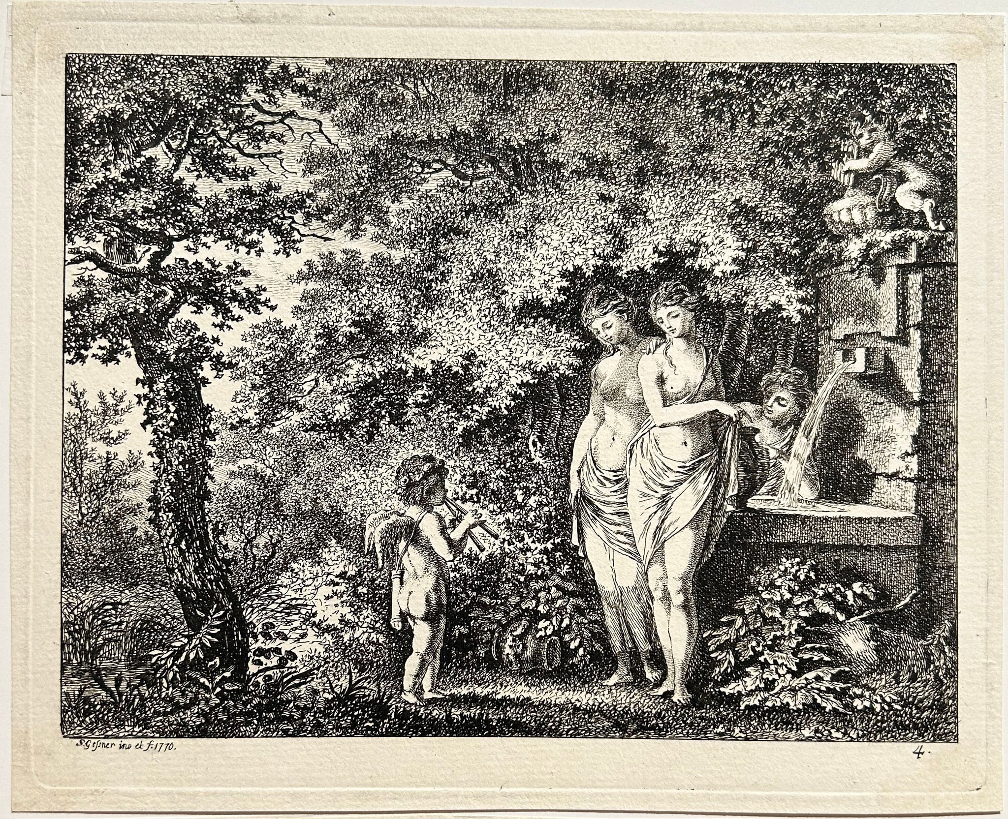Salomon GESSNER - Eros devant trois femmes à la fontaine. 1770. Eau-forte.