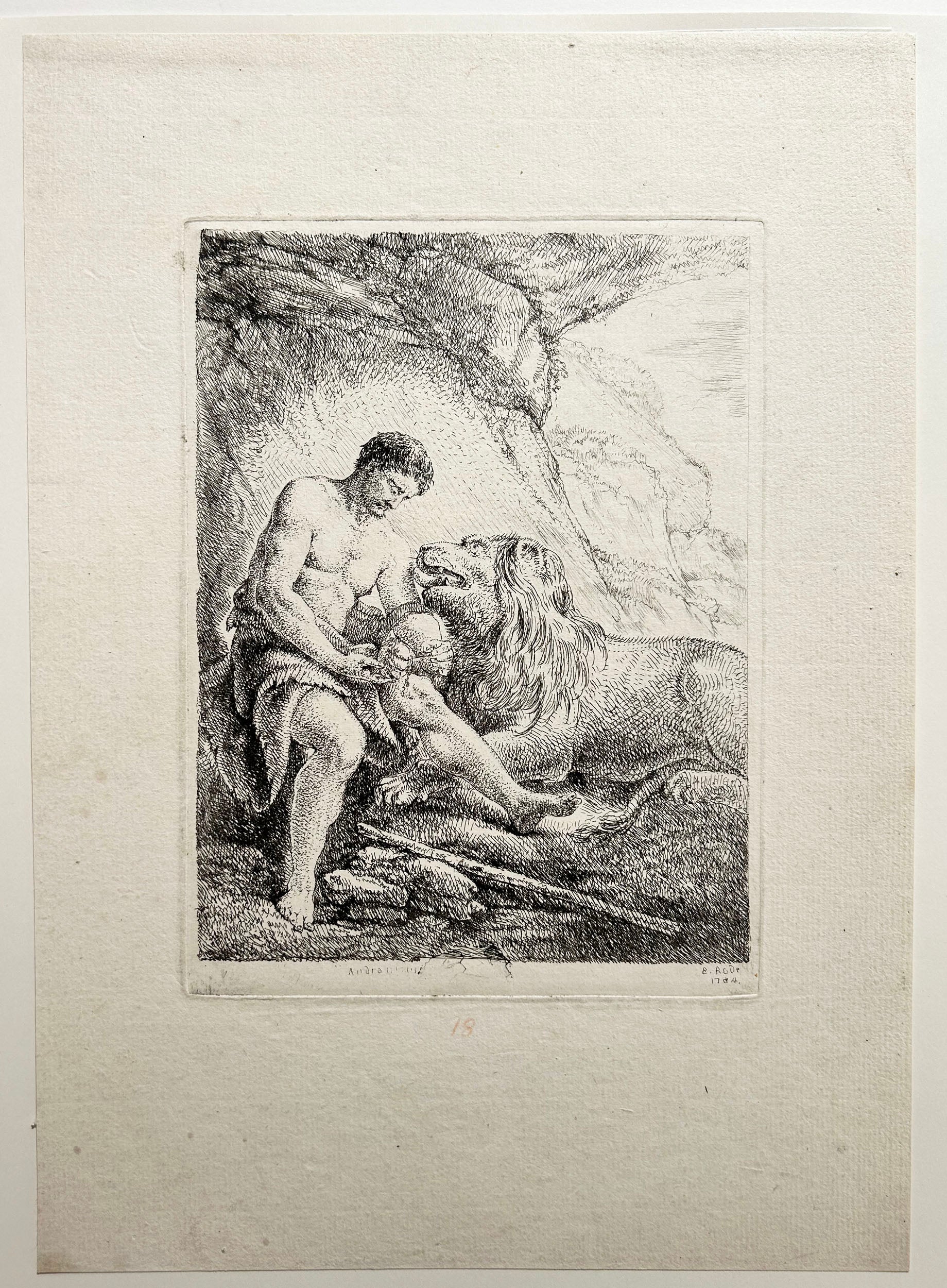 Androclès, assis dans une grotte, retire une épine de la patte d'un lion. 1784.
