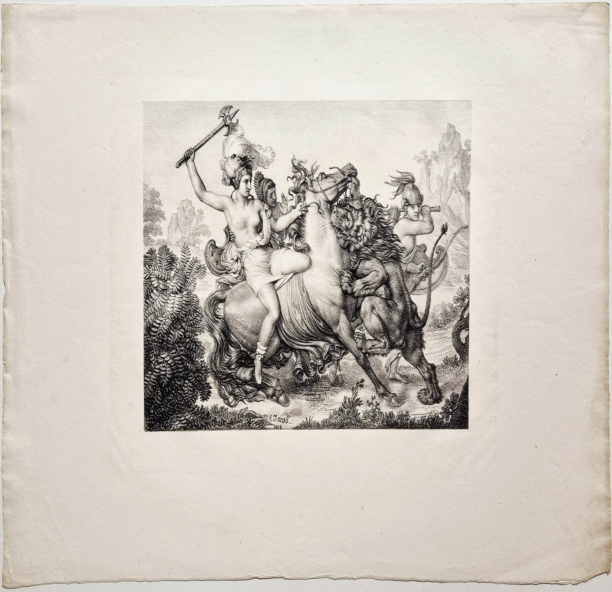 Nicolas Henri JACOB - Hippolyte, reine des Amazones assaillie par un lion. 1818. Lithographie.