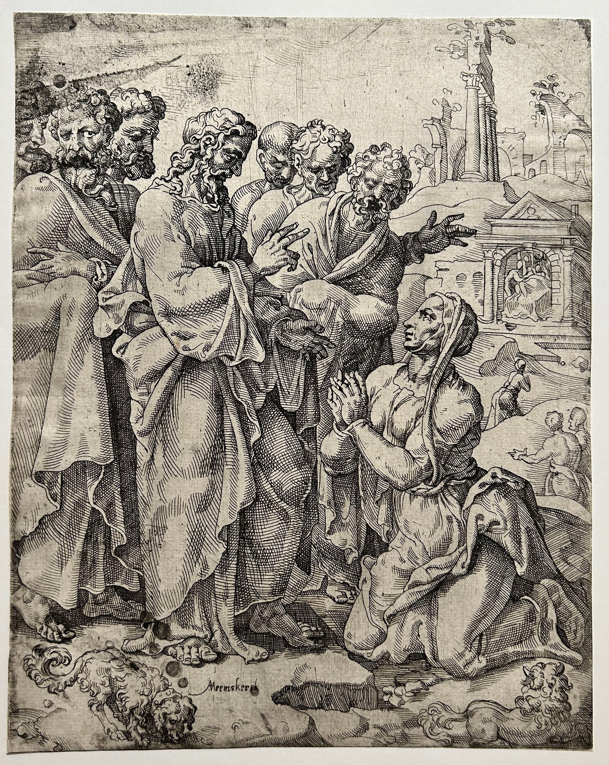 COORNHERT Dirk Volkertsz - Le Christ et la femme de Chanaan. 1548. Gravure à l'eau-forte et au burin d'après Maarten van Heemskerck (Heemskerk 1494 ou 1498 † Haarlem 1574).