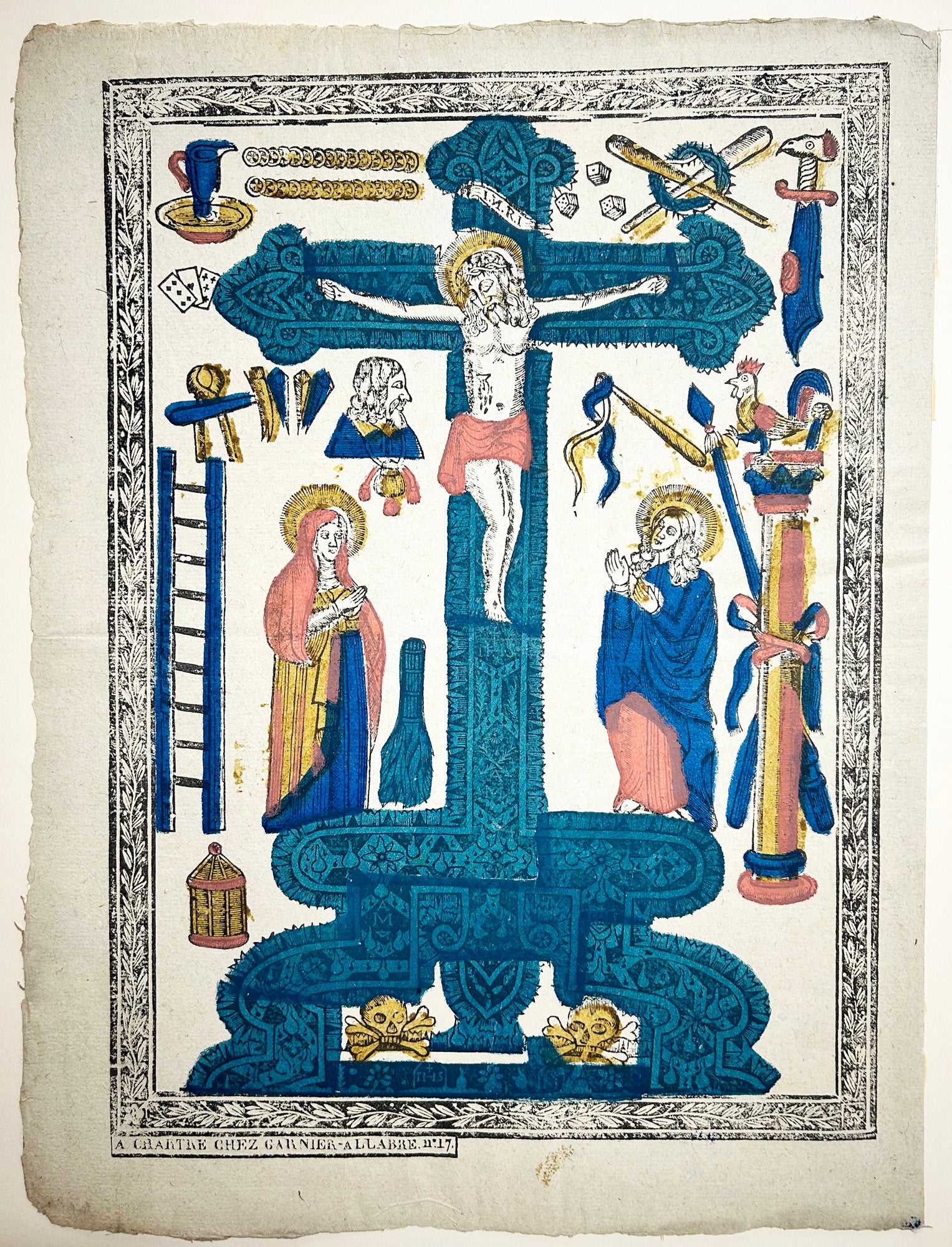 Christ en croix sur un autel, la Vierge, St Jean et les instruments de la Passion l'entourent.